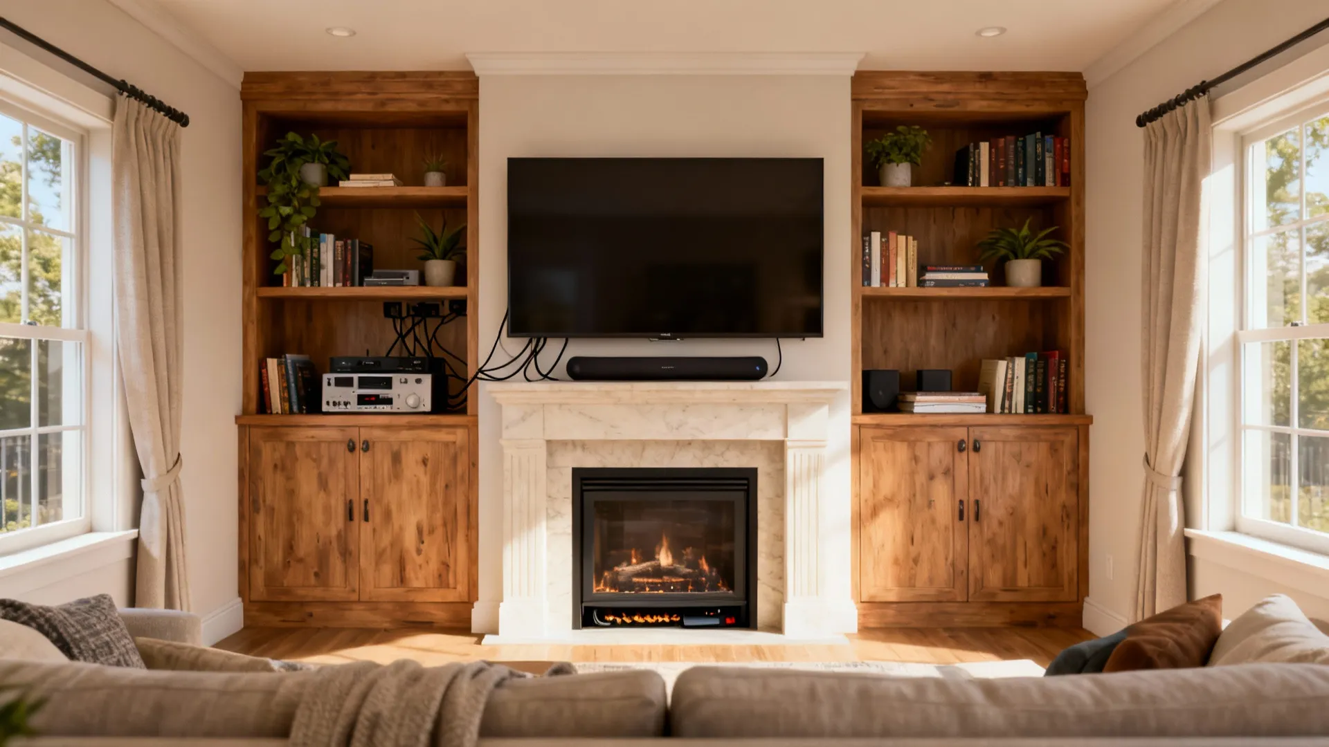 Living room with television mounted above white fireplace and wooden cabinets with shelves on sides
