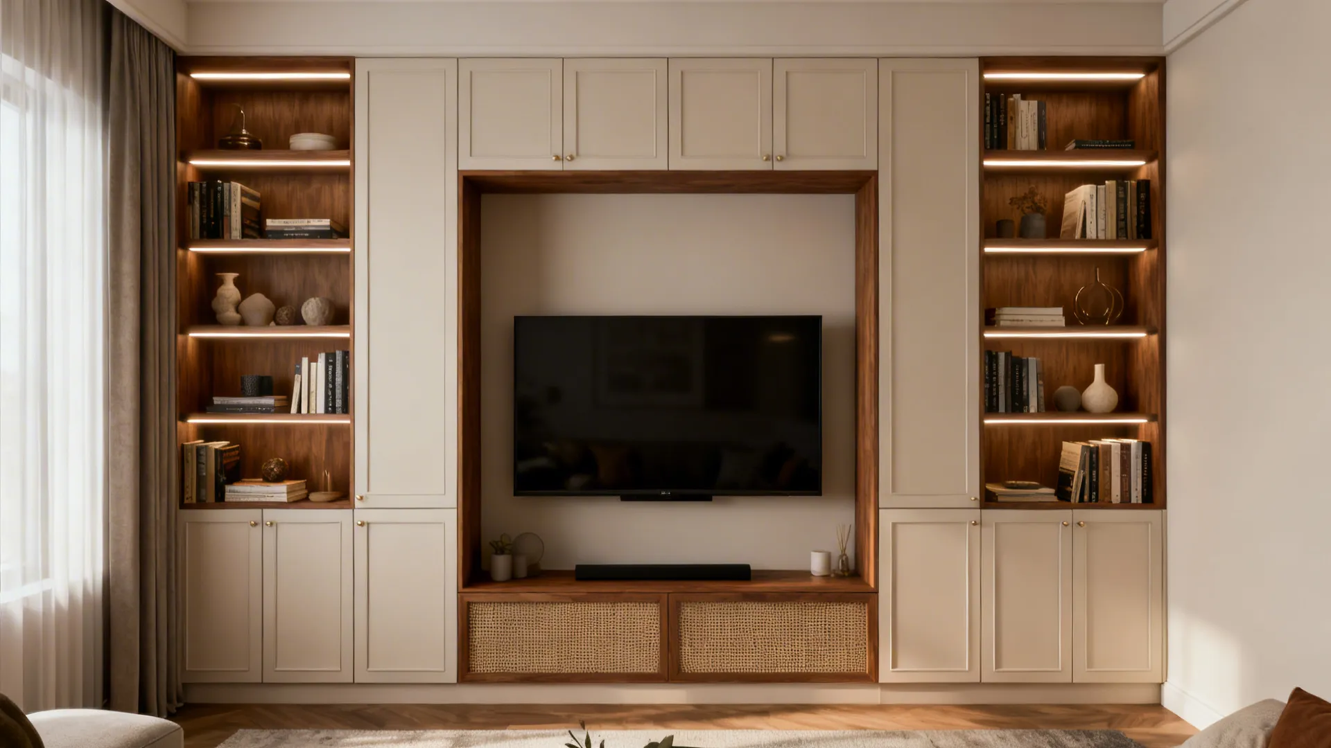 Small living room with built-in cabinetry framing a wall-mounted TV and display shelves