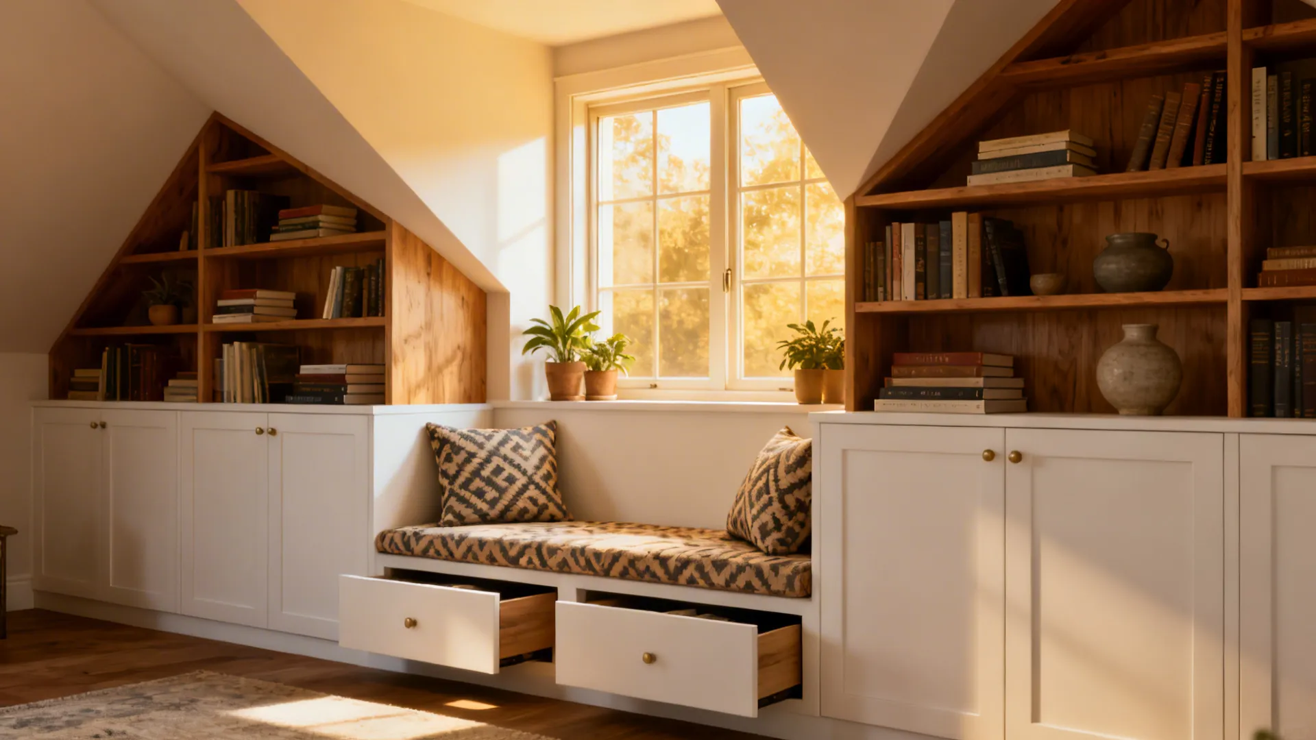 White built-in cabinets and wooden bookshelves under a sloped ceiling with a cozy window seat