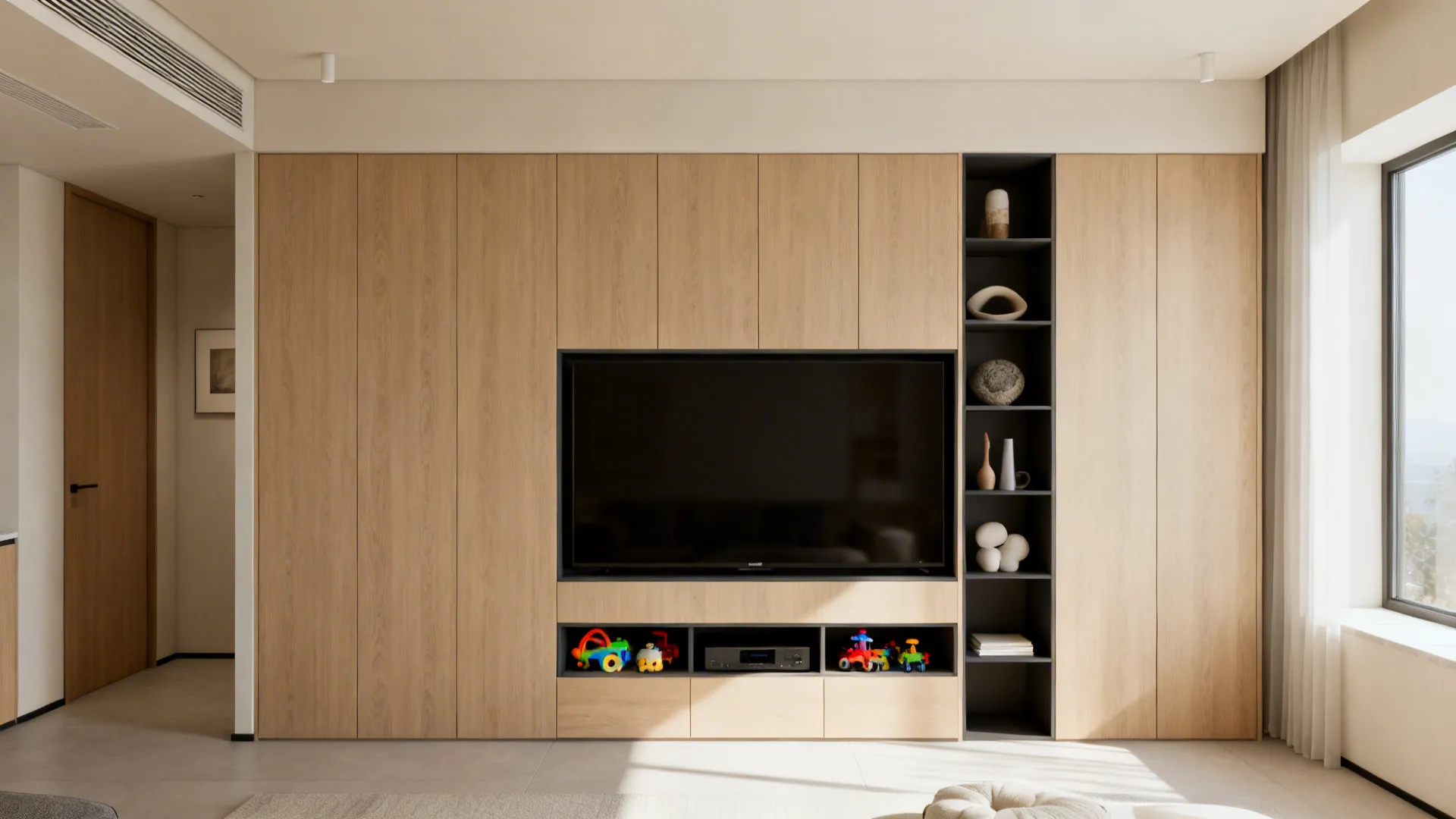 Living room with floor-to-ceiling built-in cabinetry and a wall-mounted TV for streamlined storage