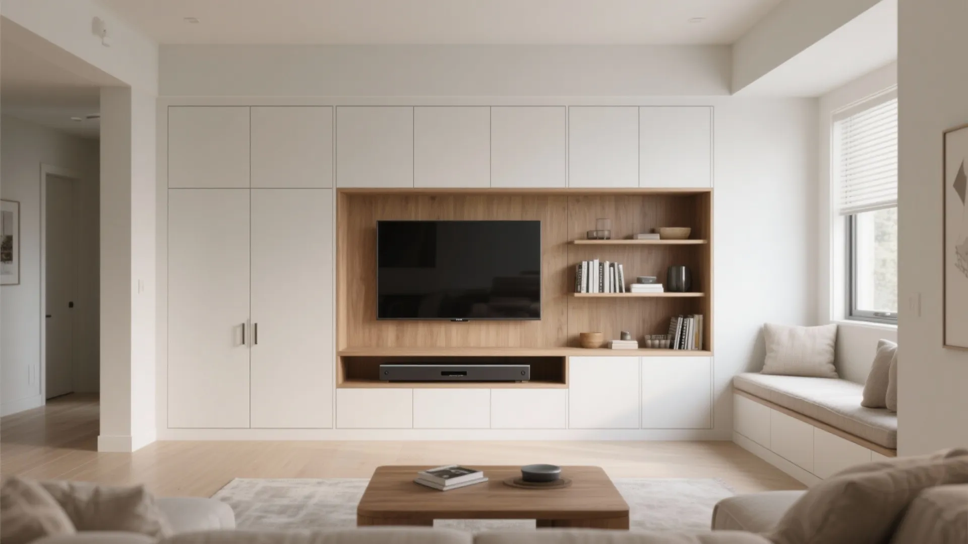 Modern living room featuring large white storage cabinet with integrated television and wood shelf unit