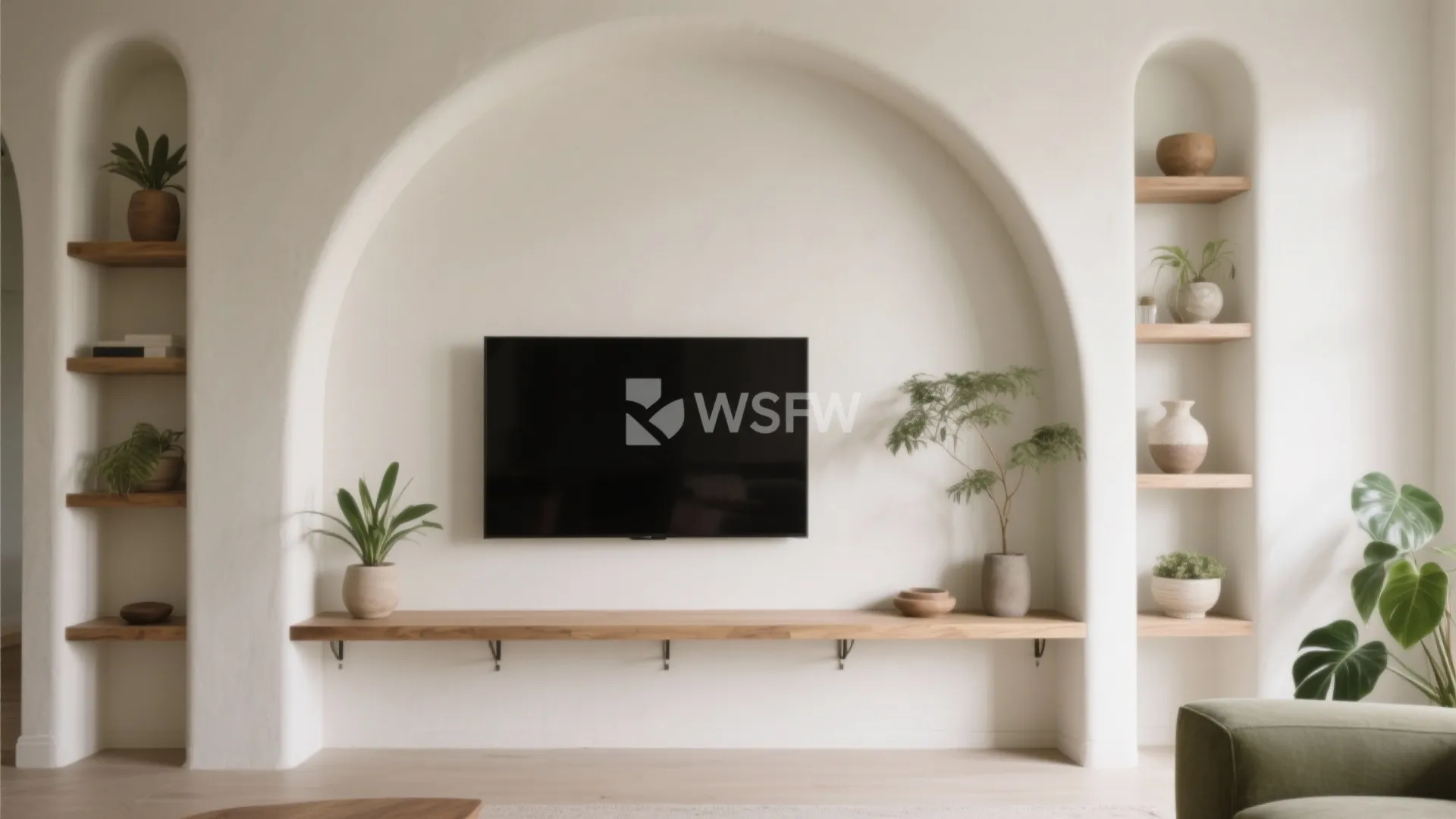 Architectural built-ins on a big wall: arched niche, low ledge, and integrated shelving around a TV with plants and ceramics.
