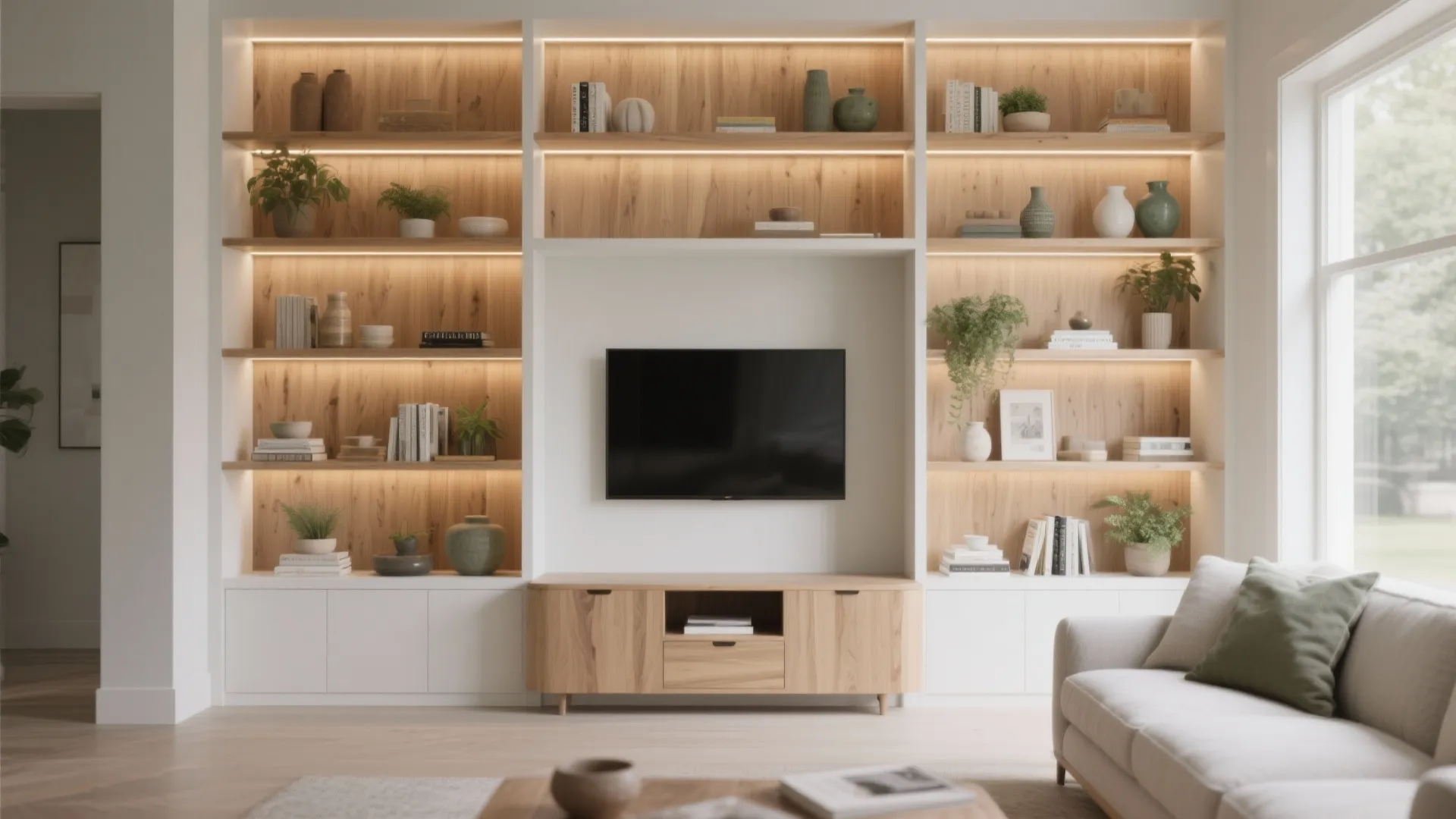 Floor-to-ceiling oak built-in shelving with a centered TV niche and warm LED backlighting in a modern living room.