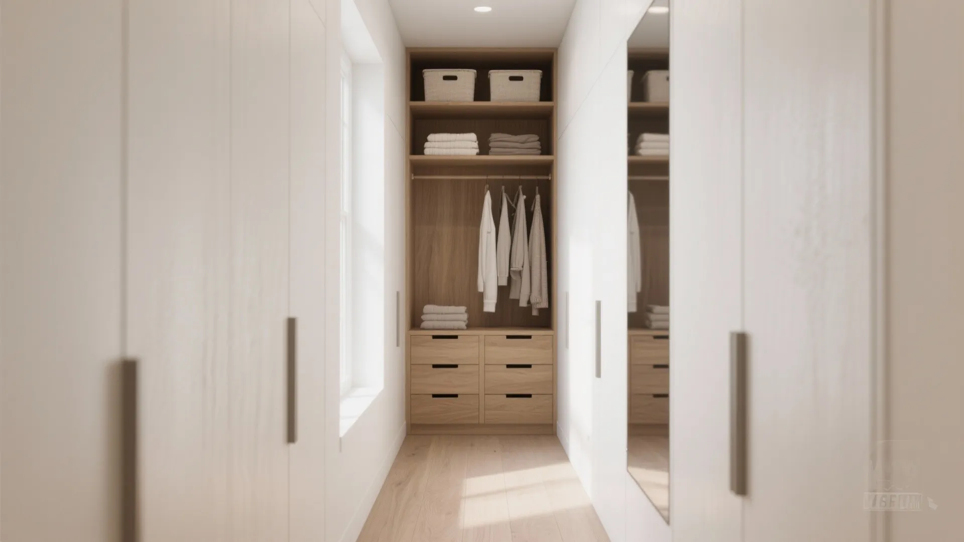 Narrow walk-in wardrobe with white side panels, wooden drawers, hanging clothes, and bright window light
