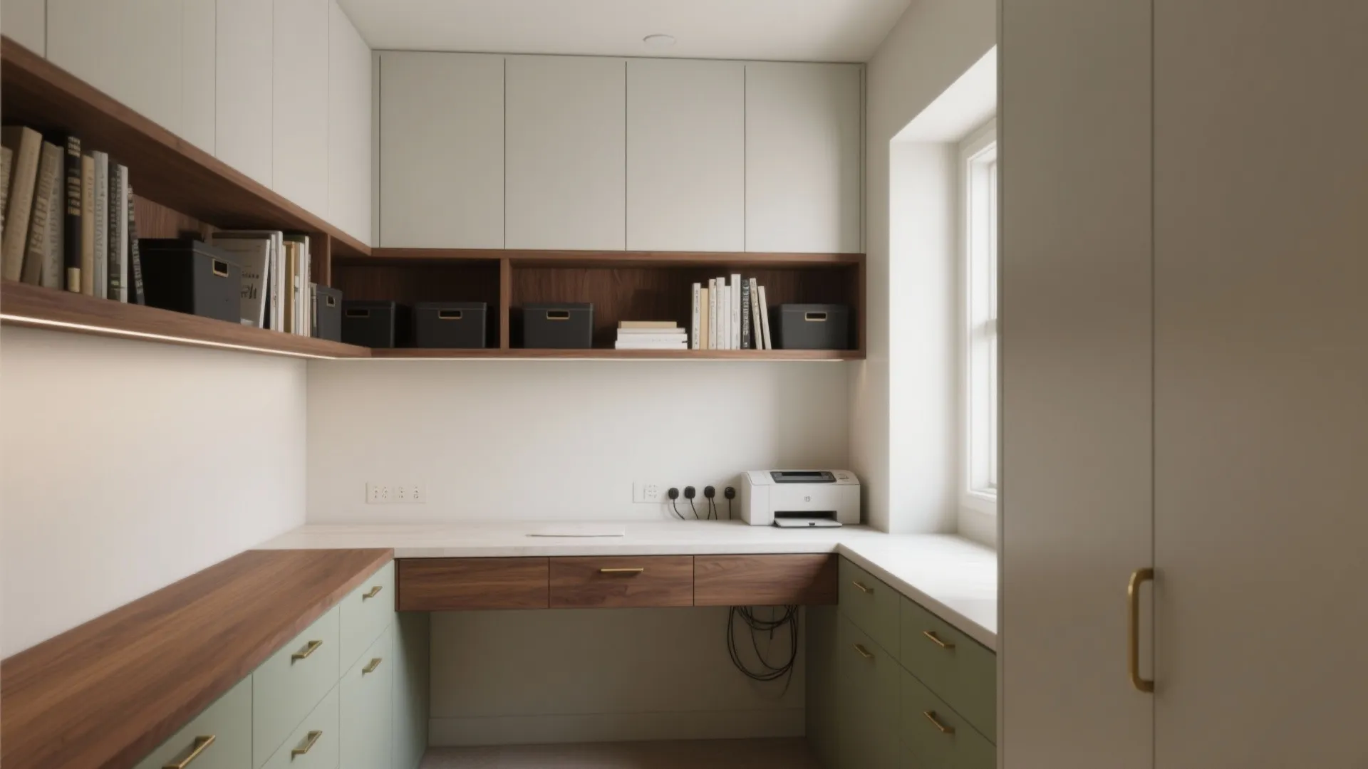 Modern home office with white cabinets wooden shelves printer on desk window and green storage drawers