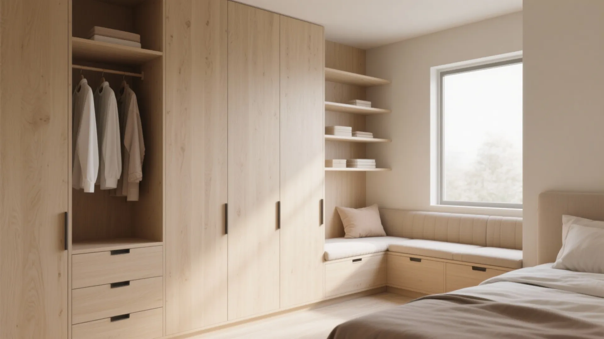 Light wood cabinet and wall panel with a corner seat under window in a bedroom