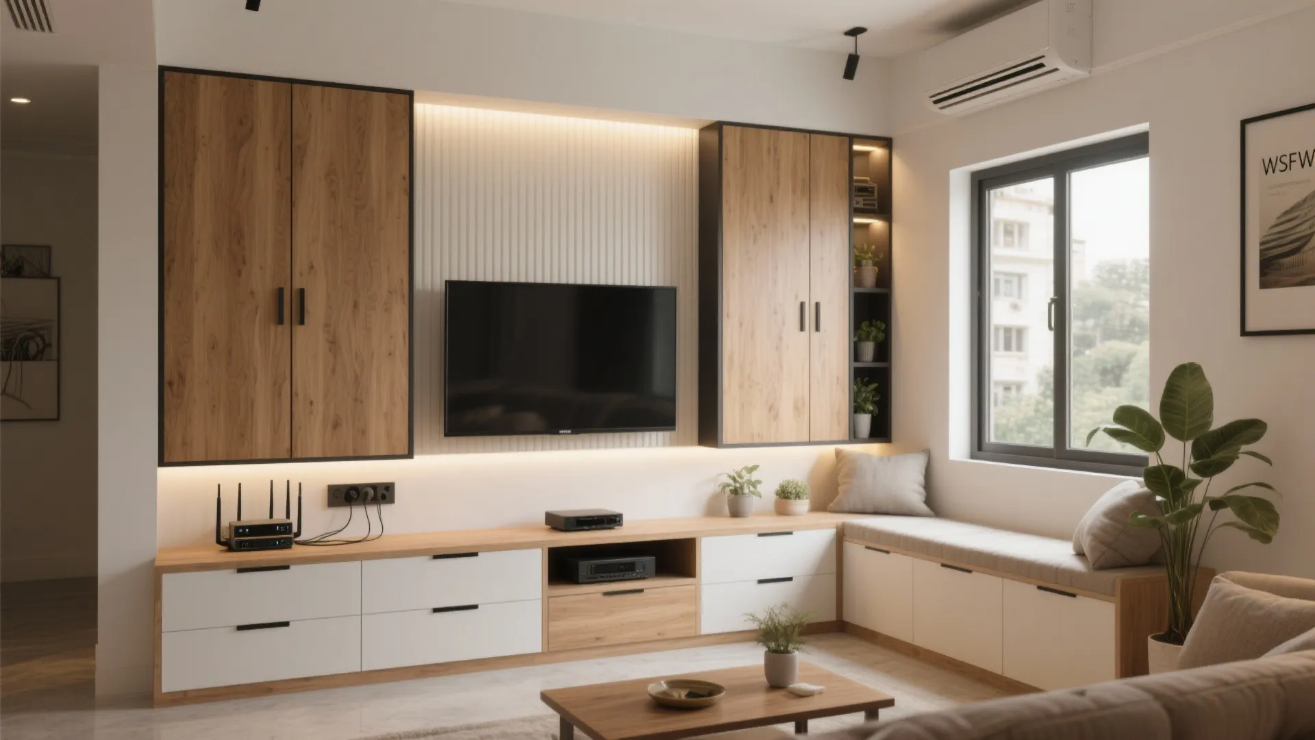 Built-ins with warm wood tones (and secret storage)