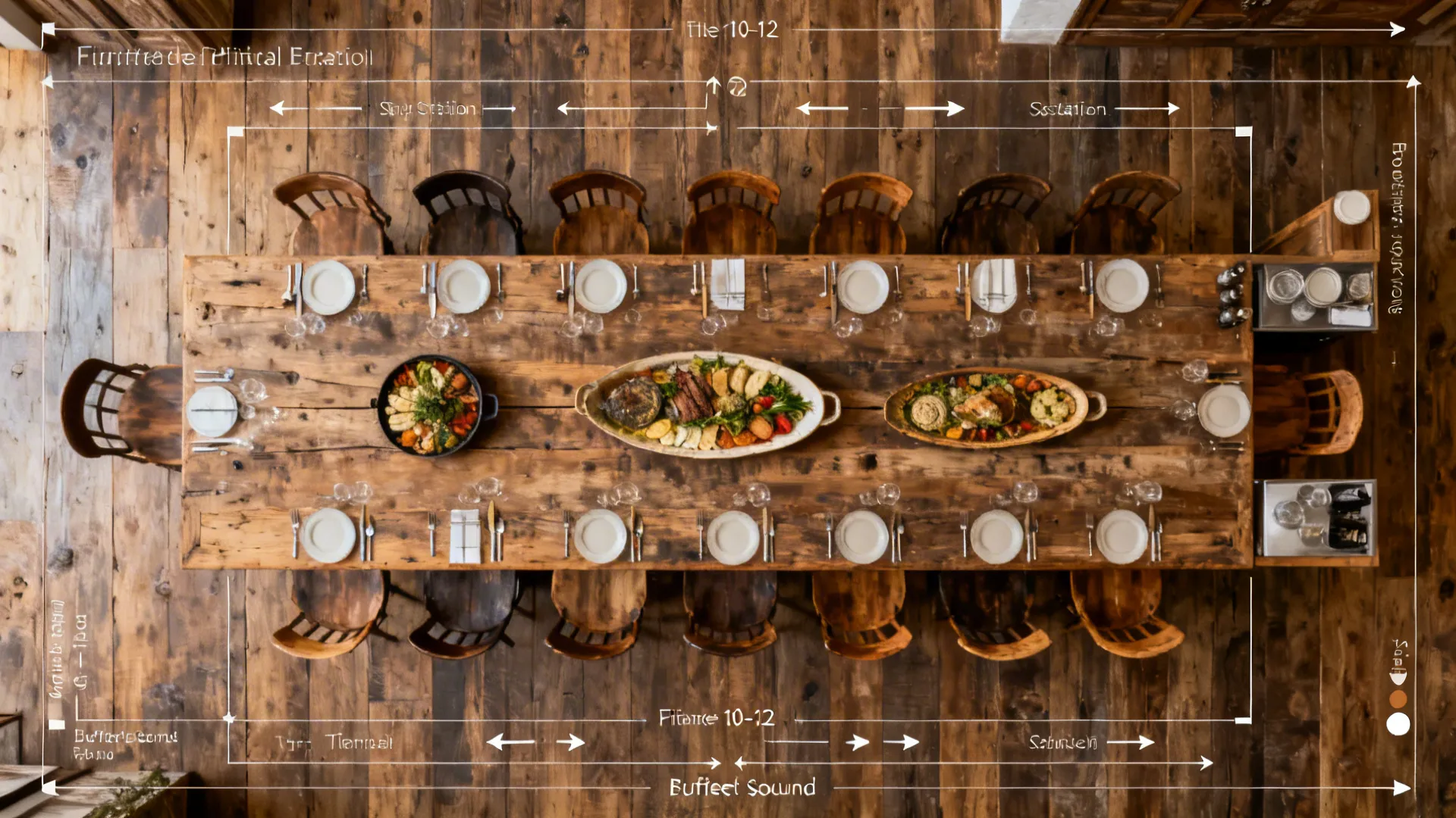 Top-down plan of a rustic PDR table with shared platters and clear service paths.