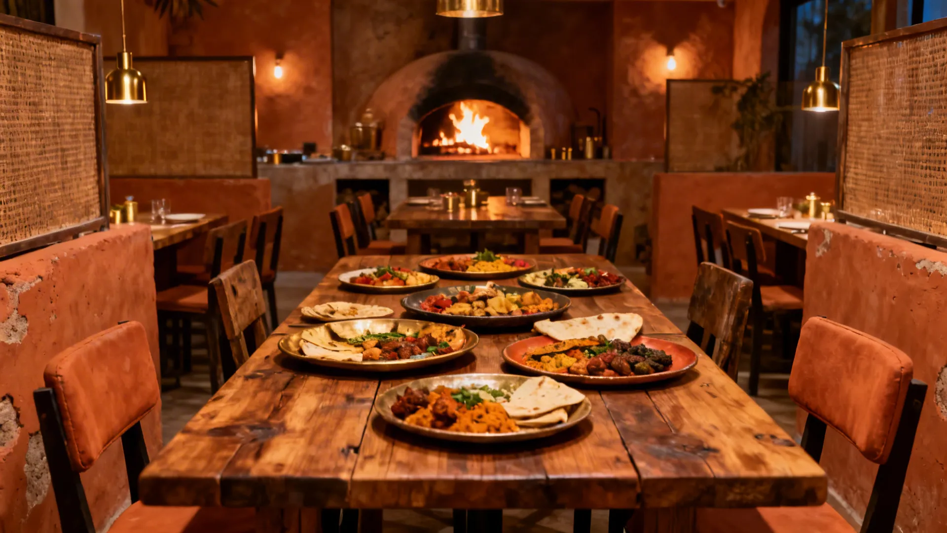 Rustic private dining room with communal table, earthy textures, and warm tandoor glow.