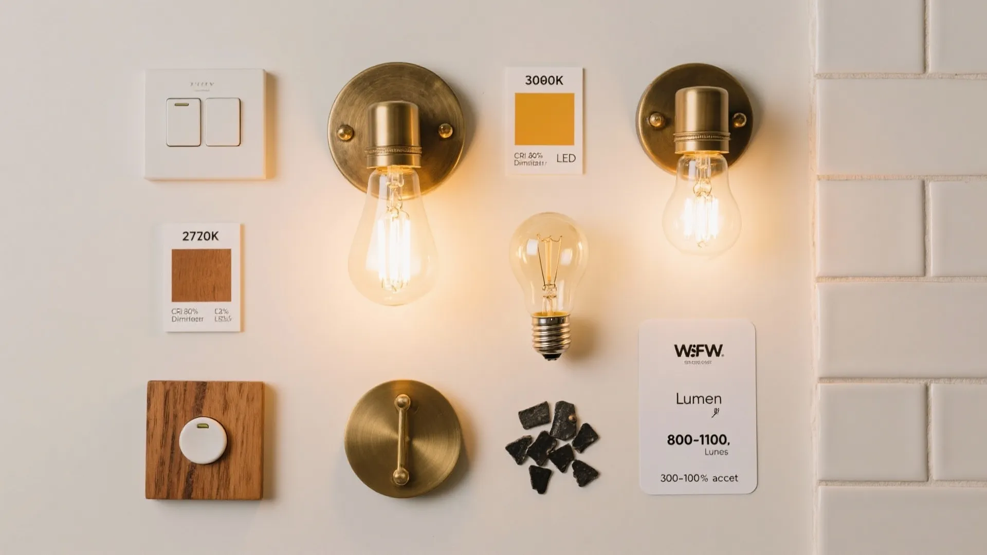 Product display of light fixtures bulbs switches and color swatches for home interior lighting design