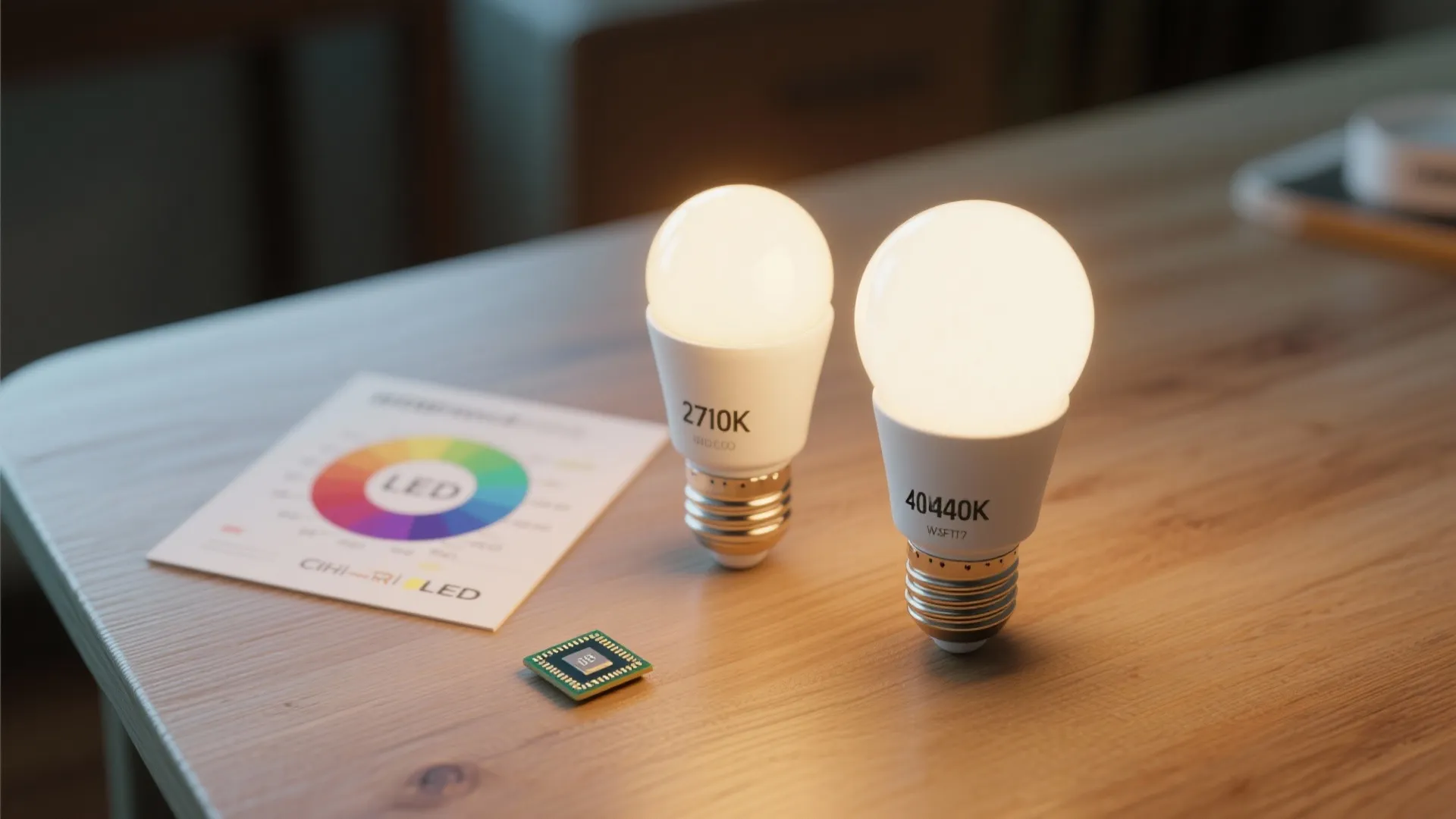 Two glowing LED light bulbs showing different color temperatures on a wooden table with diagram