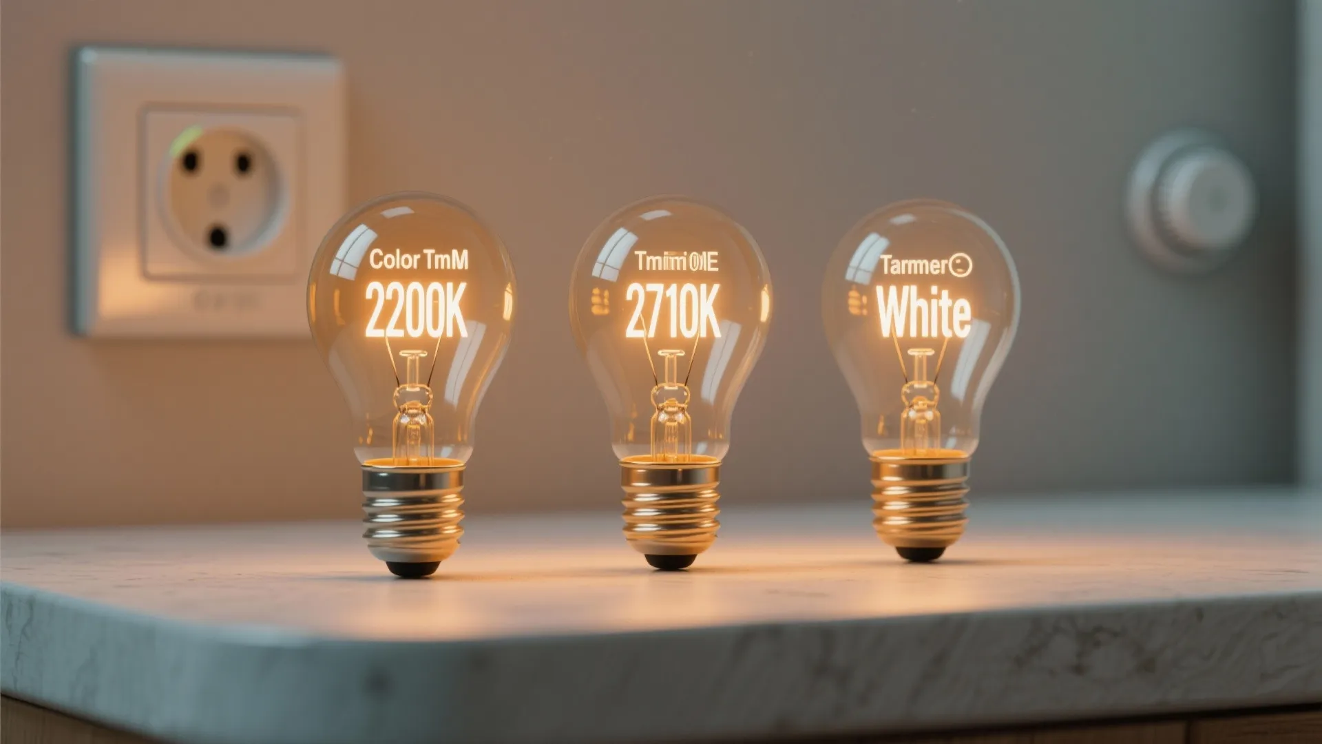 Three Edison-style bulbs labeled with warm color temperatures and a dimmer switch in the background.