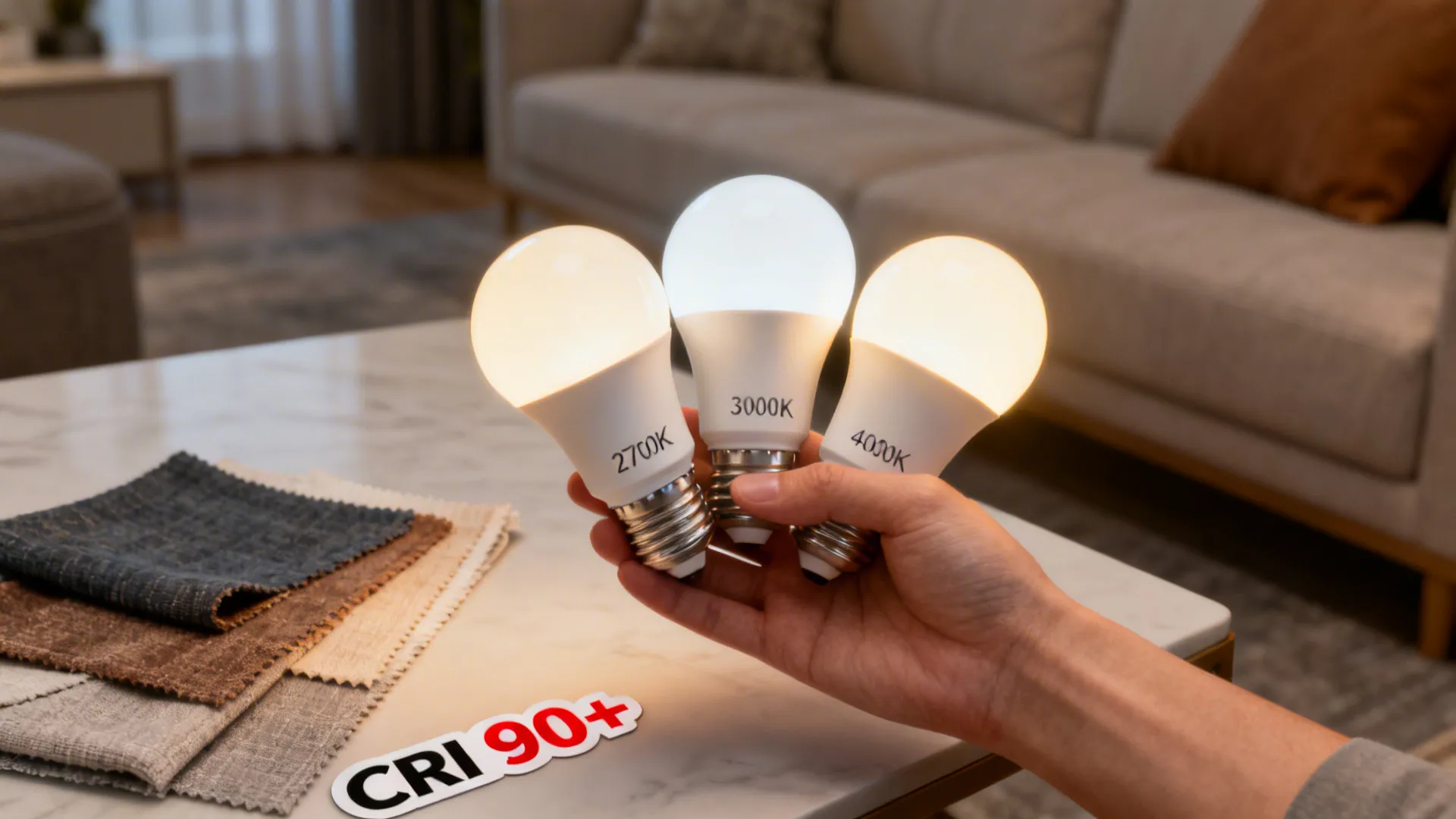 Hand holding LED bulbs labeled by color temperature with fabric swatches and CRI note.