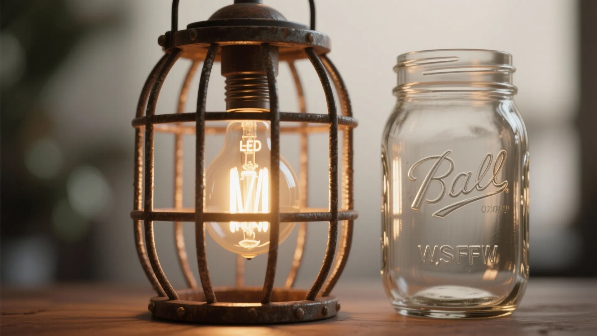 Close-up of a warm LED filament bulb inside a metal cage and a frosted mason jar showing warm glow