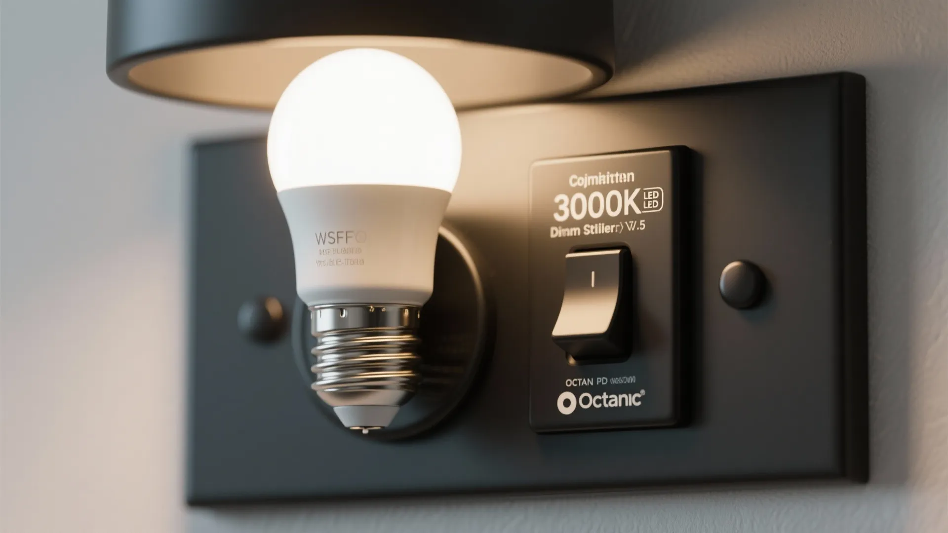 Close-up of a 3000K LED bulb and dimmer compatibility labels with a matte black fixture blurred in the background.