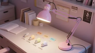 Soft Pink Home Office Desk with Ambient Lighting