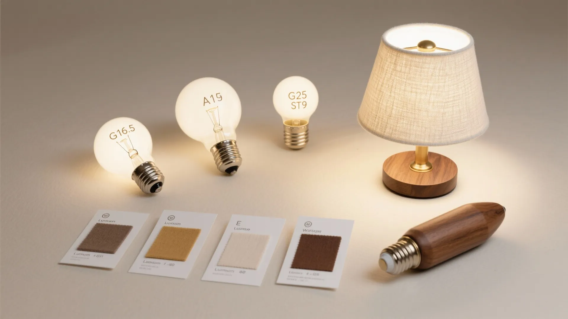 Flatlay of various LED bulb shapes with linen shade swatches for small-space lamps.