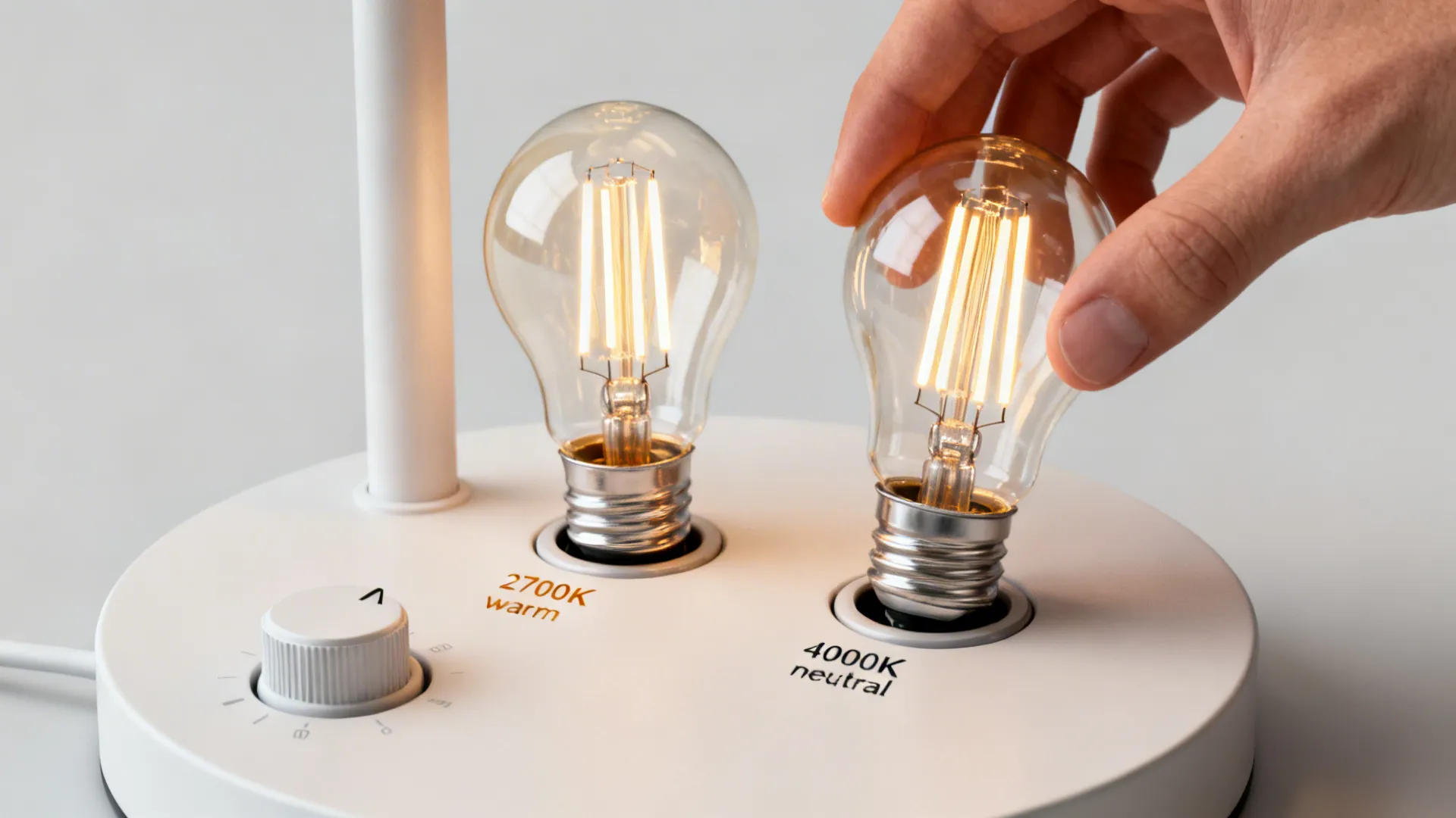 Close-up of hands swapping warm and neutral LED bulbs beside a dimmer control.