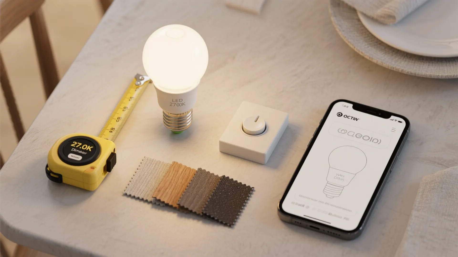 Light bulb on a table with a measuring tape wall switch phone and fabric swatches