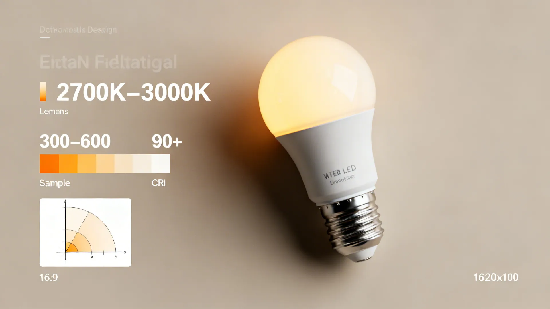 Flatlay of warm LED bulbs, lumens scale and CRI 90+ swatch for reading light guidance