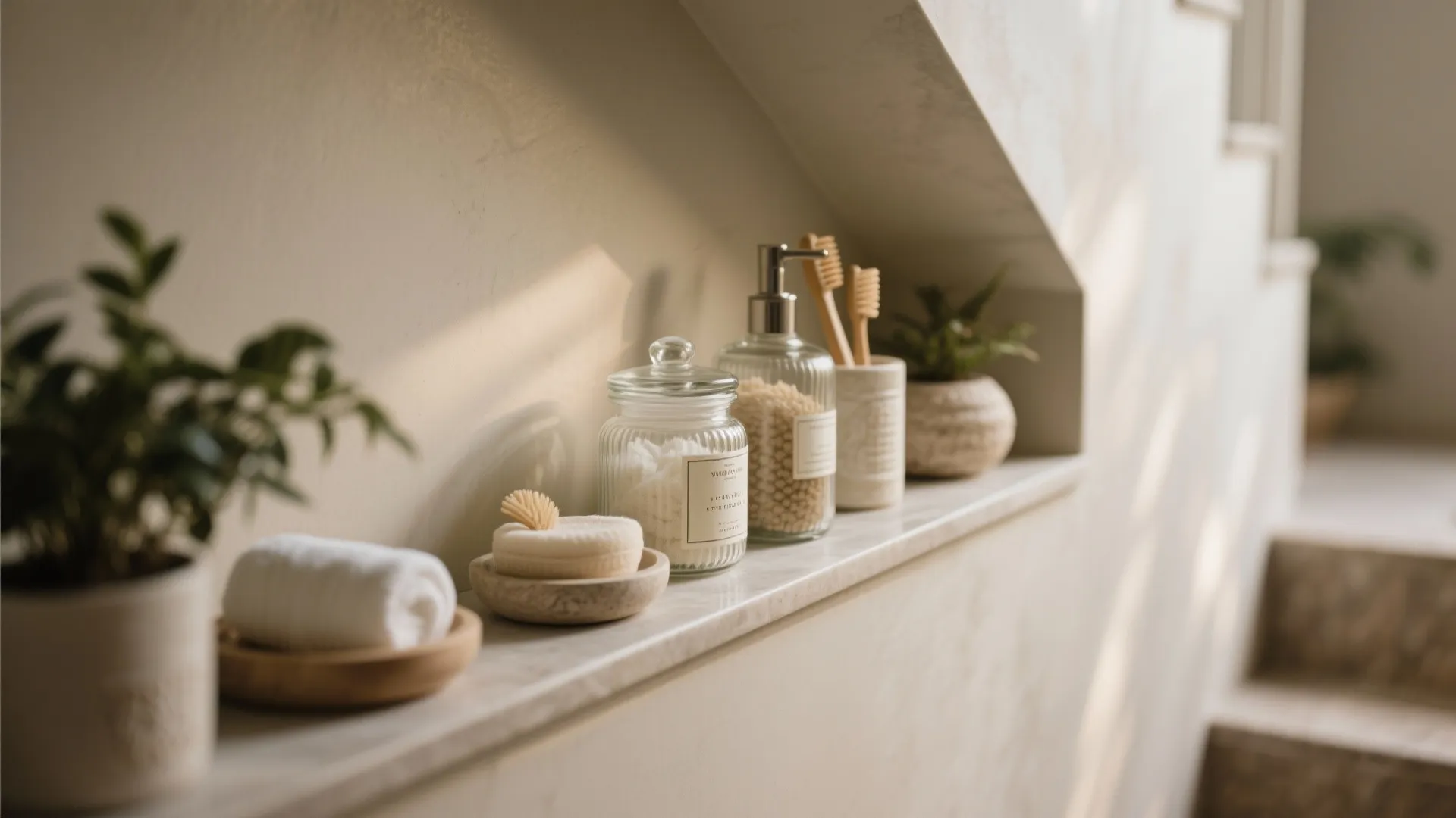 Bathroom accessories on marble shelf under sloped wall including plants rolled towel and glass jars