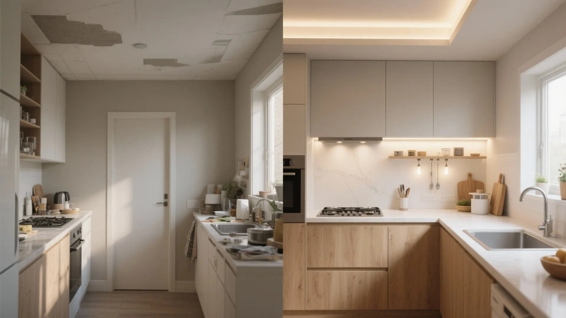 Before-and-after of a compact kitchen without bulkhead vs with subtle bulkhead and layered lighting for better zoning and calm sightlines.