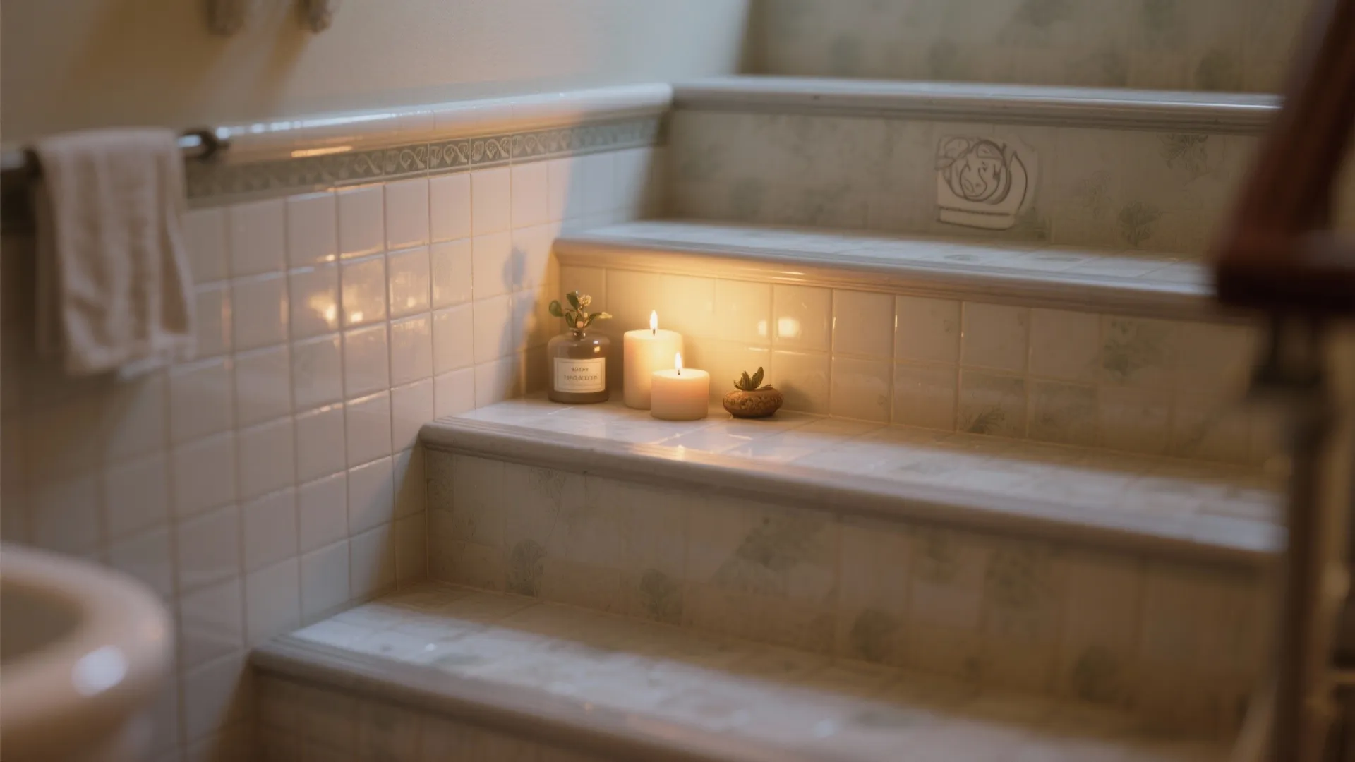 Small candles and a glass bottle sit on white tiled stairs in a cozy bathroom