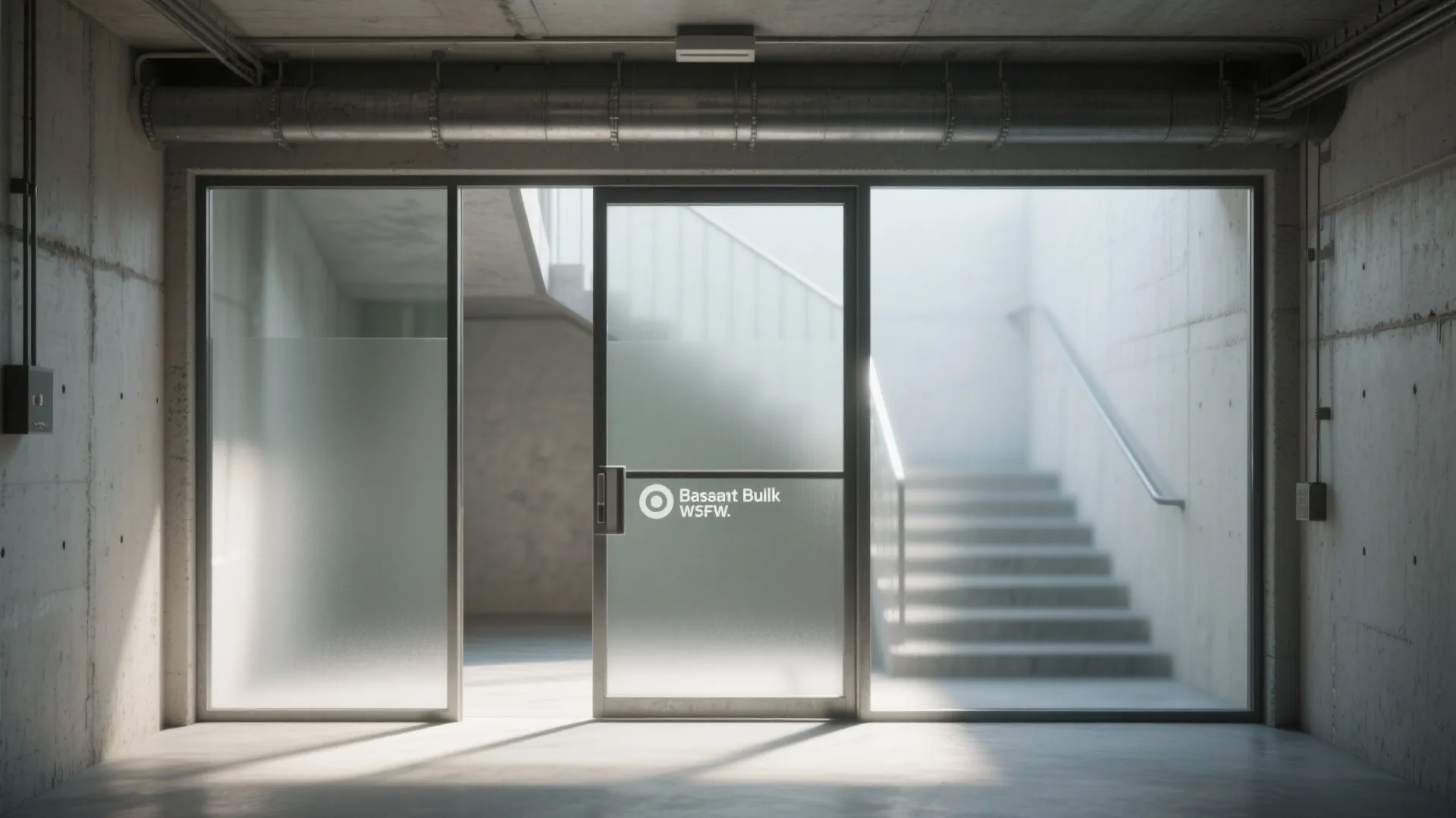 Industrial basement interior showing glass doors concrete walls metal pipes and stairs in the background