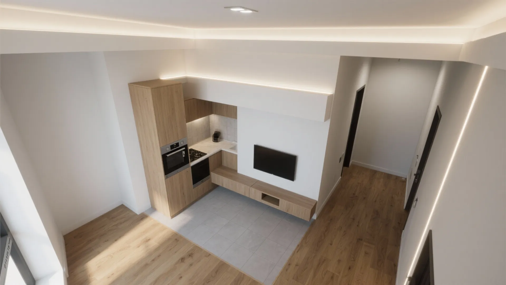 Modern studio apartment layout with wooden kitchen cabinets and a wall mounted flat screen television