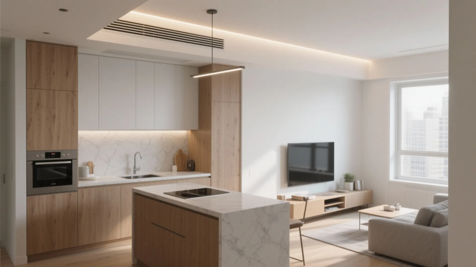 Open plan studio apartment with wooden kitchen cabinets white marble island and grey living room