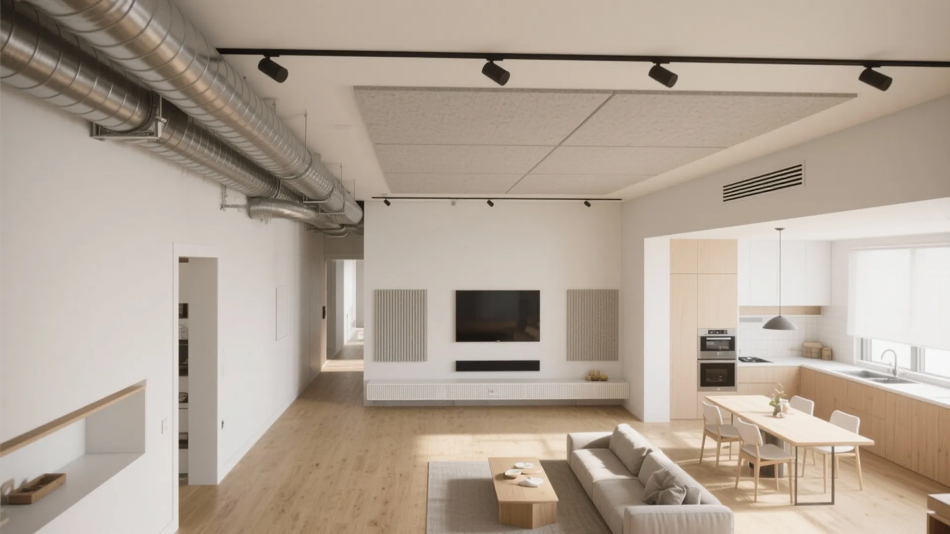 Top-down cutaway showing bulkhead routing supply and return ducts with acoustic panel inside, symmetrical diffuser layout in loft.