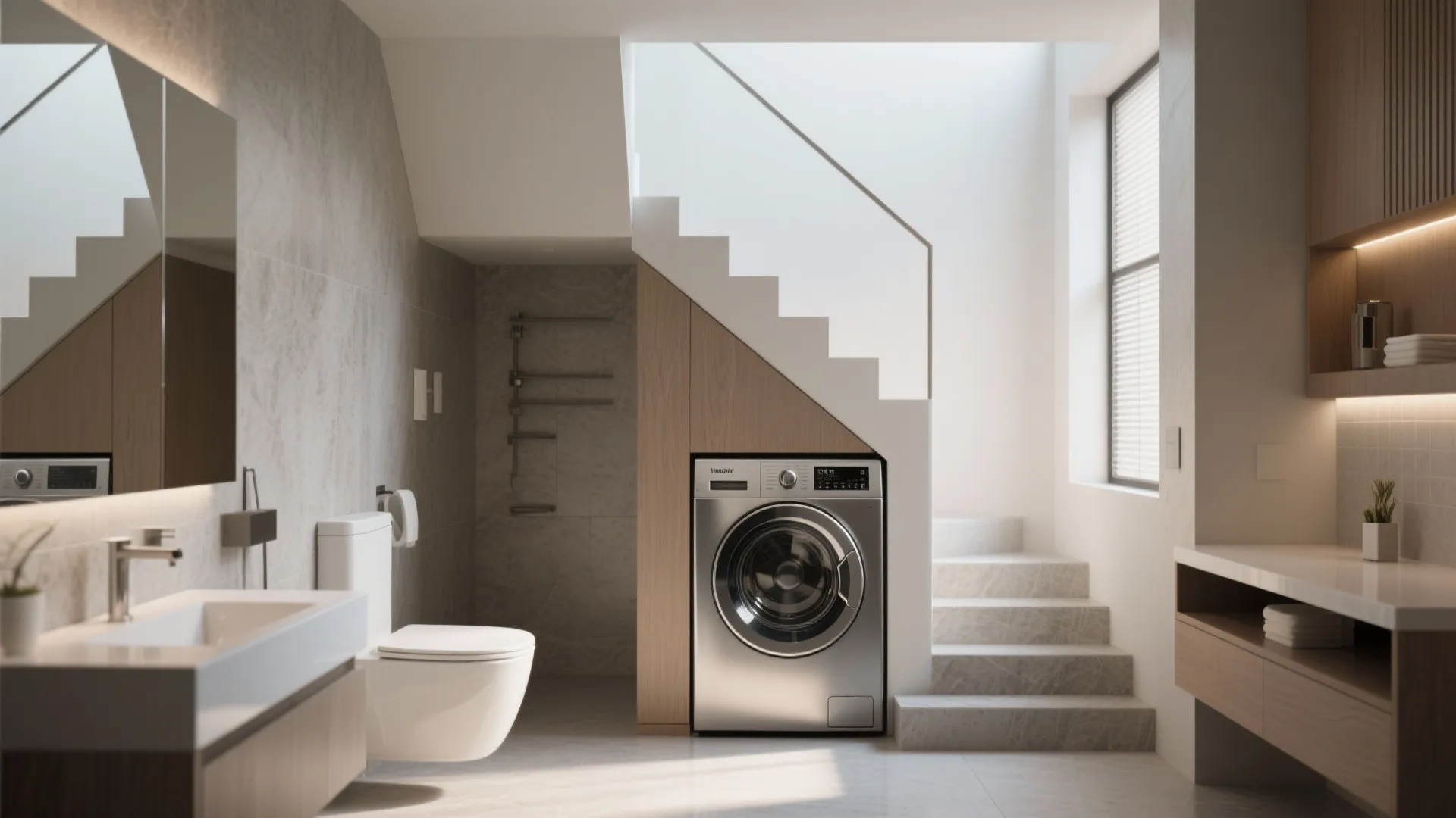 Modern bathroom laundry area featuring silver washing machine installed under stairs with white toilet and sink