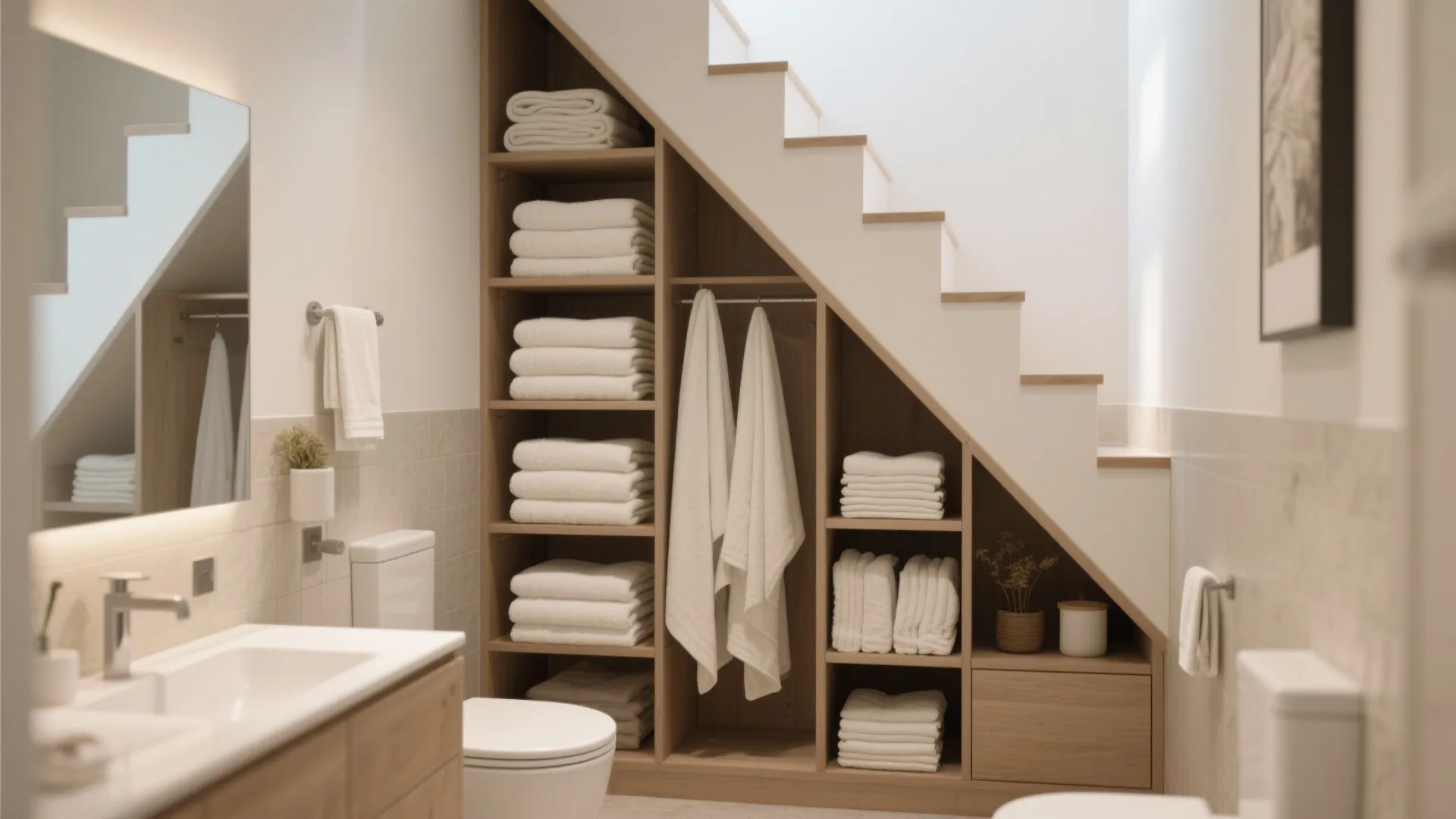 Smart bathroom storage solution with wooden shelves under stairs holding white folded towels and bathroom items