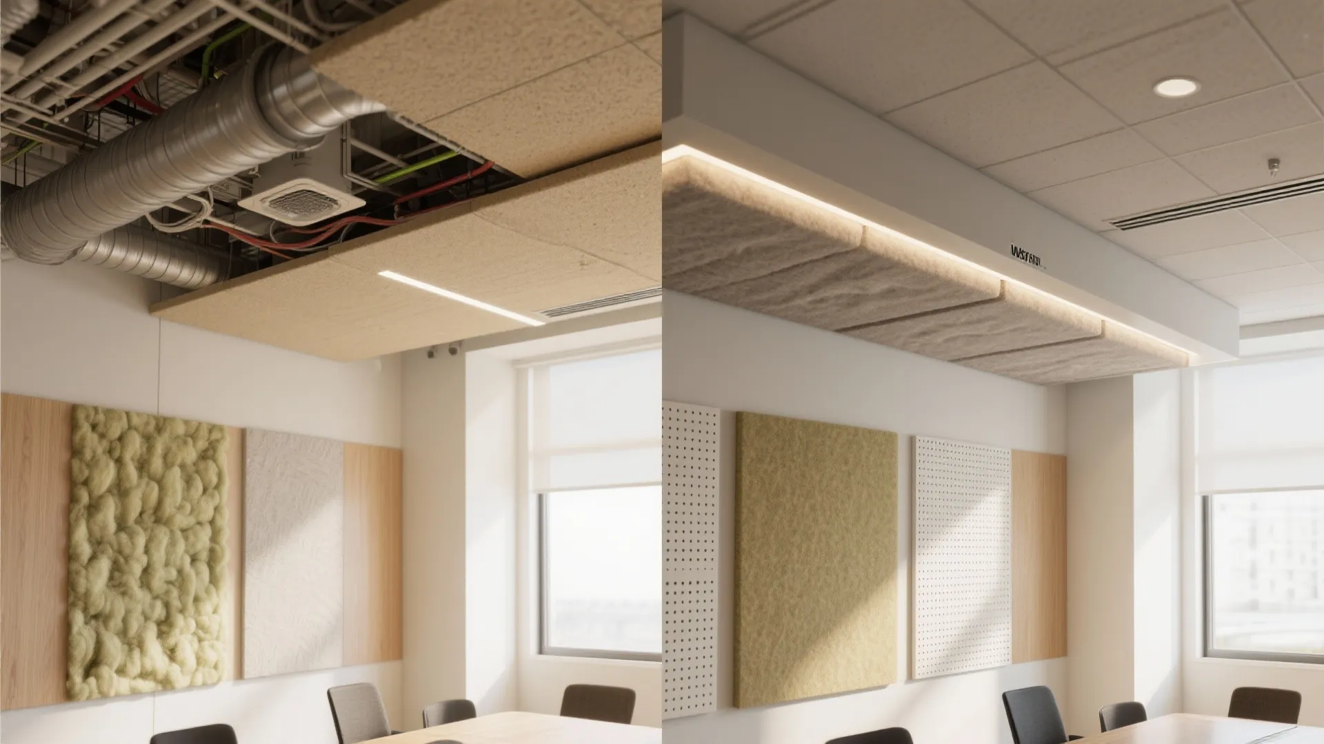 Before and after comparison of office ceiling showing exposed pipes versus finished ceiling panel design