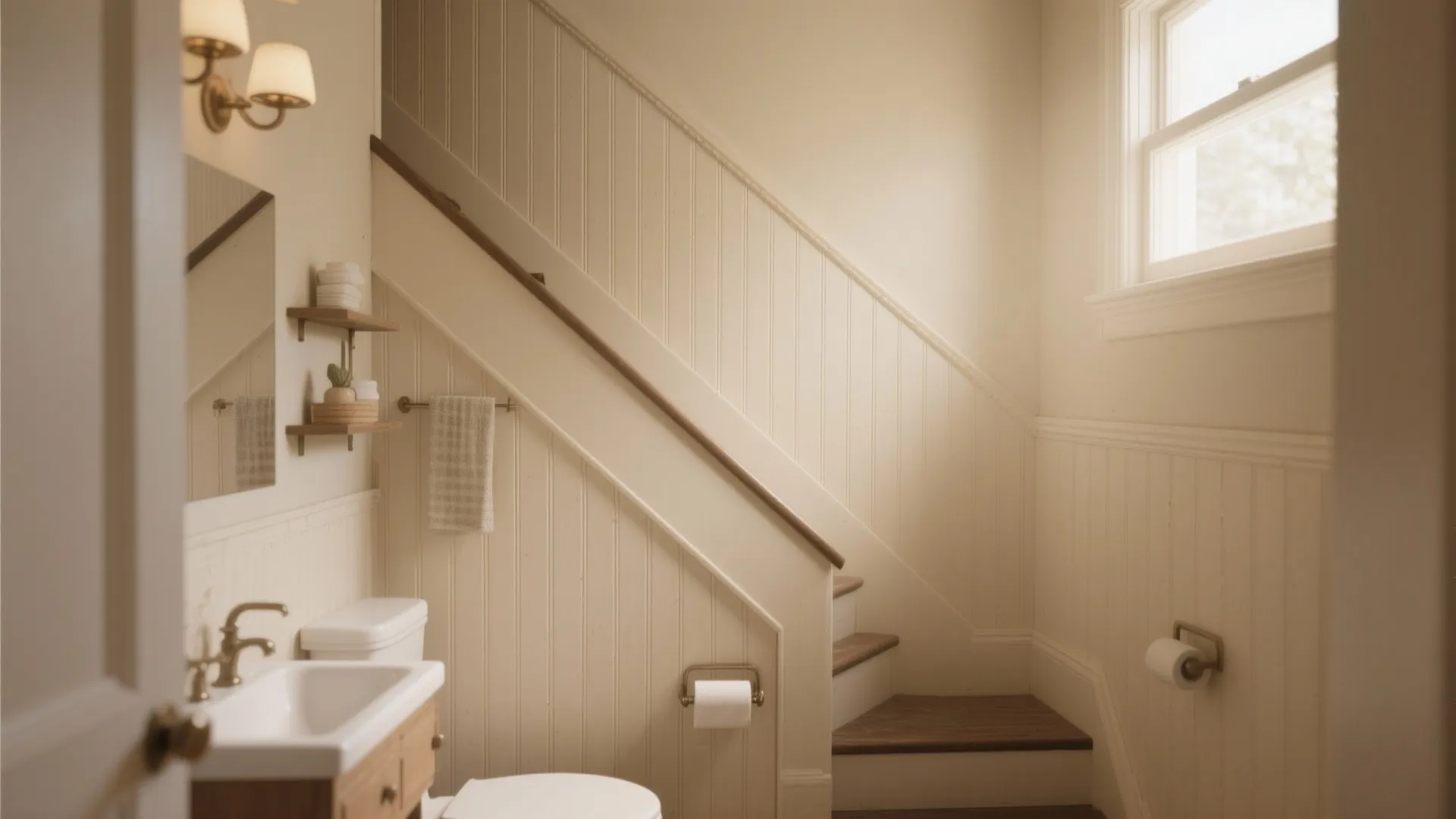 Cream colored bathroom with wall panel design next to wooden stairs and a white window