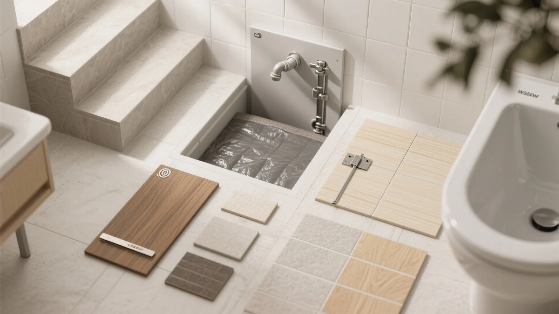 Bathroom renovation drawing showing exposed plumbing pipes beside wood and tile material samples on floor tiles