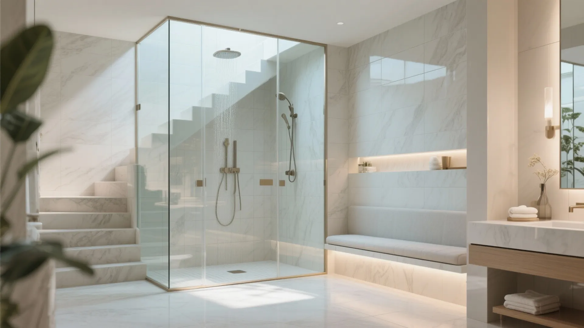 Luxury marble bathroom with glass shower cabin next to stairs featuring built in seating and lighting
