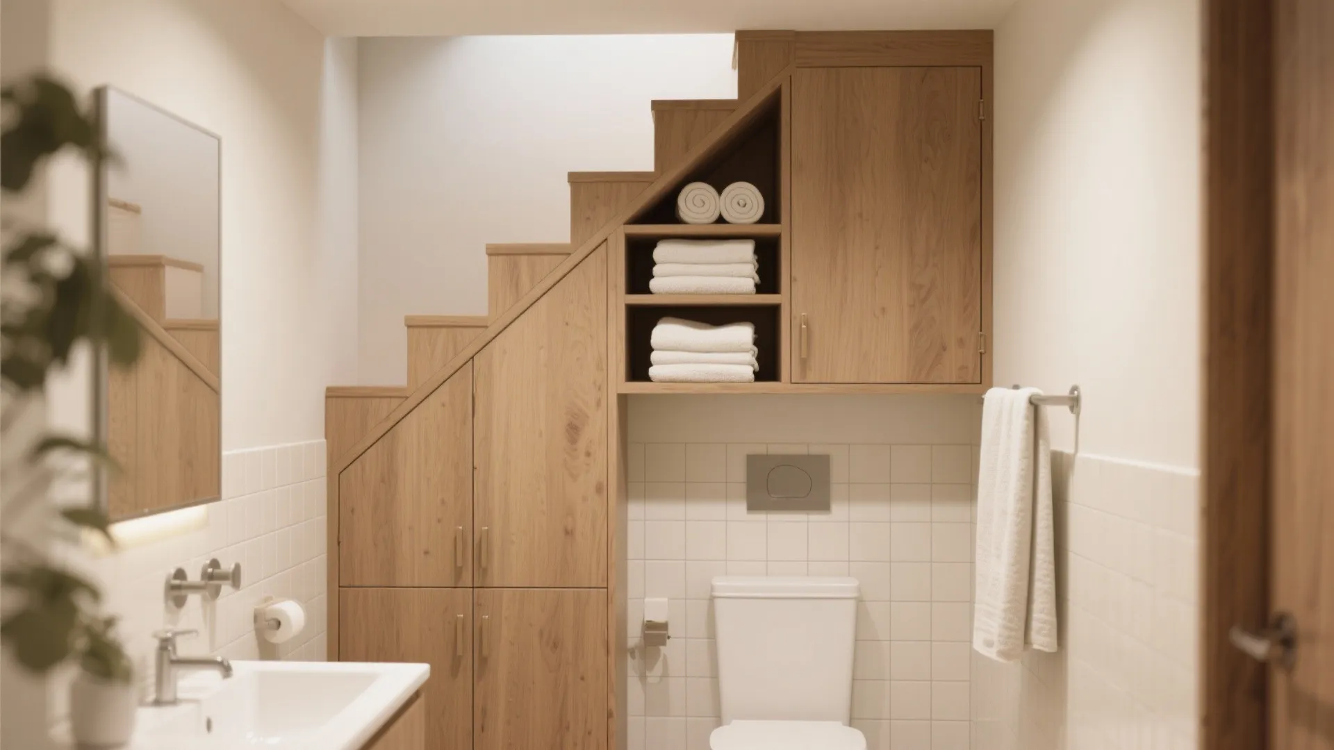 Modern bathroom with wooden storage cabinet built under stairs featuring white tiles and a toilet