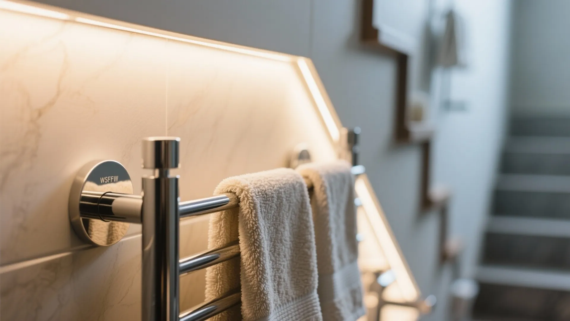 Modern chrome towel warmer with white towels and warm hidden light strips on a tiled wall