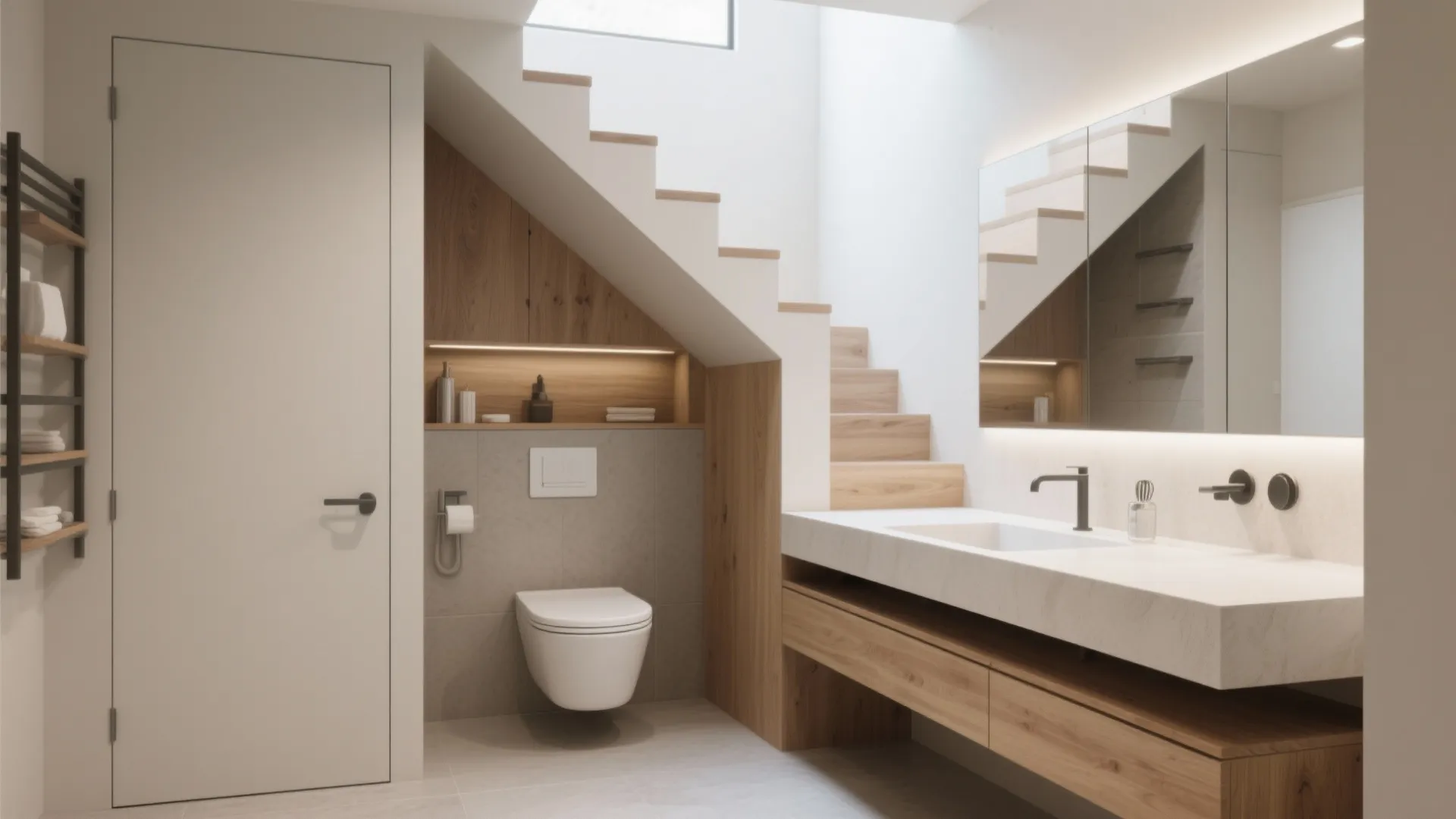 Modern bathroom designed under stairs with white toilet wood cabinet marble sink and large mirror