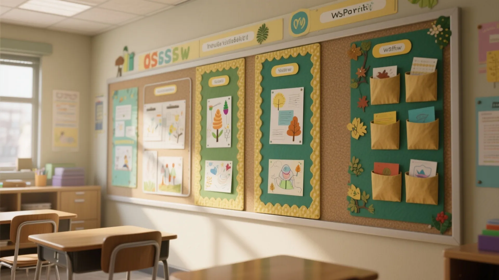 Classroom interior featuring colorful bulletin boards with student artwork, wooden desks, and soft natural sunlight