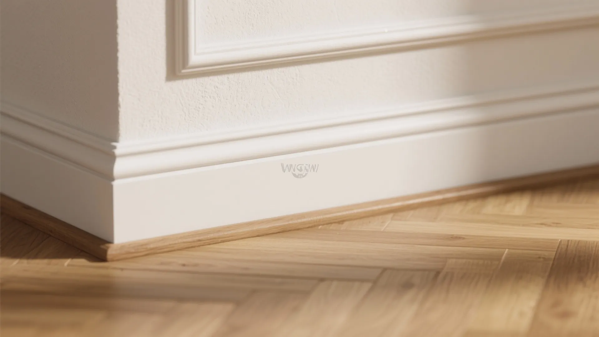 Detail of white wall panel and baseboard trim on a light wood floor with sunlight