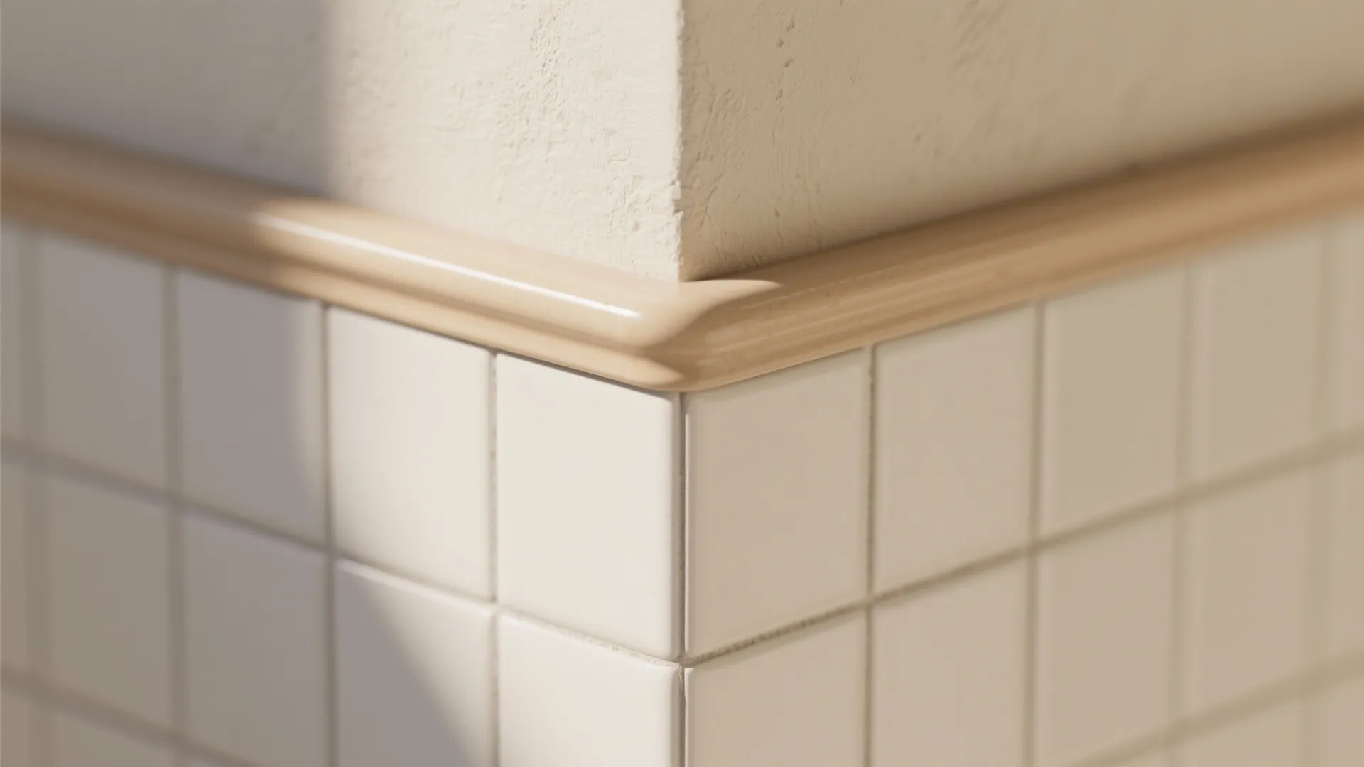 Close up view of white wall tiles with a smooth beige rounded corner edge trim