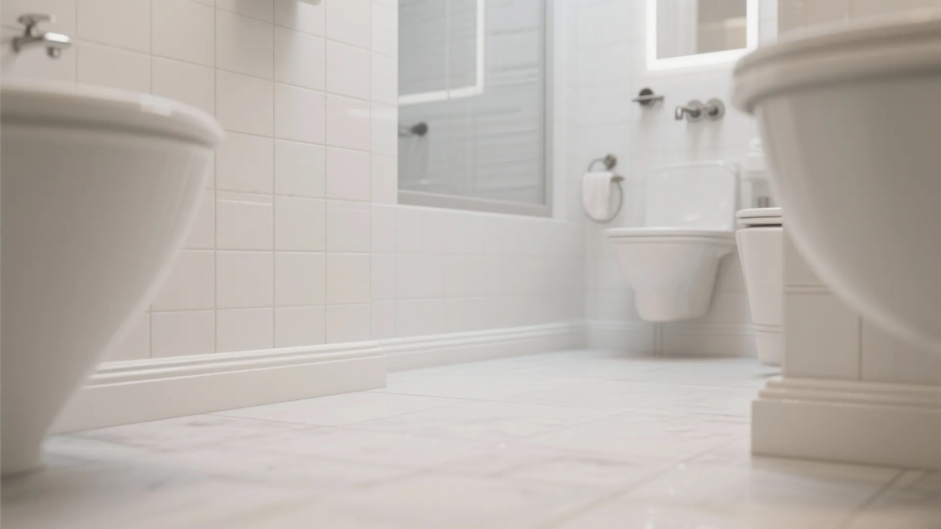Bright white bathroom featuring small square wall tiles matching floor tiles and classic white toilets