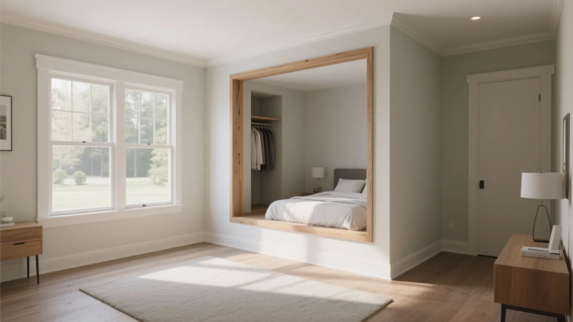 Interior of a small bump-out bedroom extension with larger window and clean trim