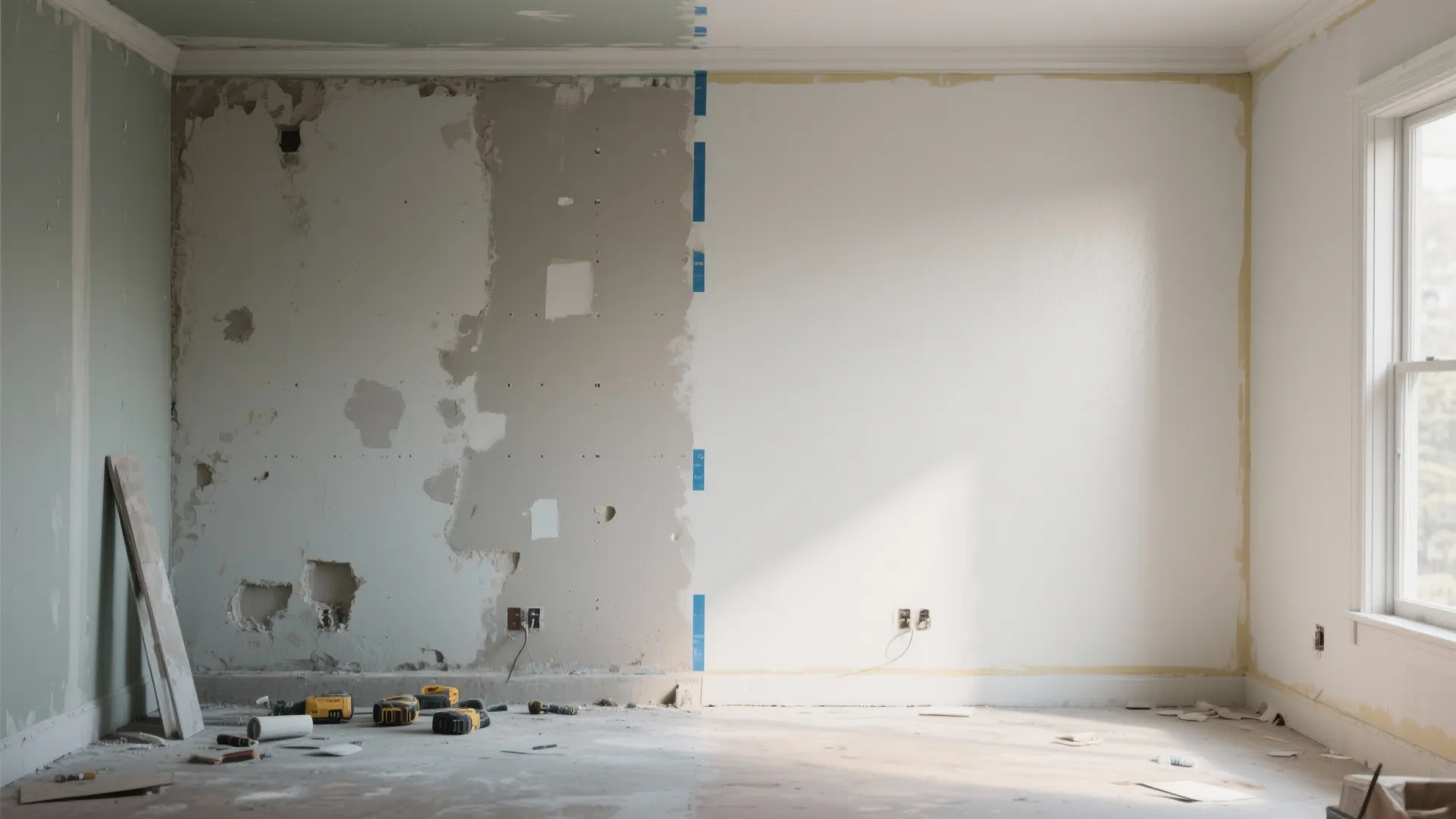 Before and after split showing unprepared walls with patchwork versus smoothly primed and freshly painted wall.