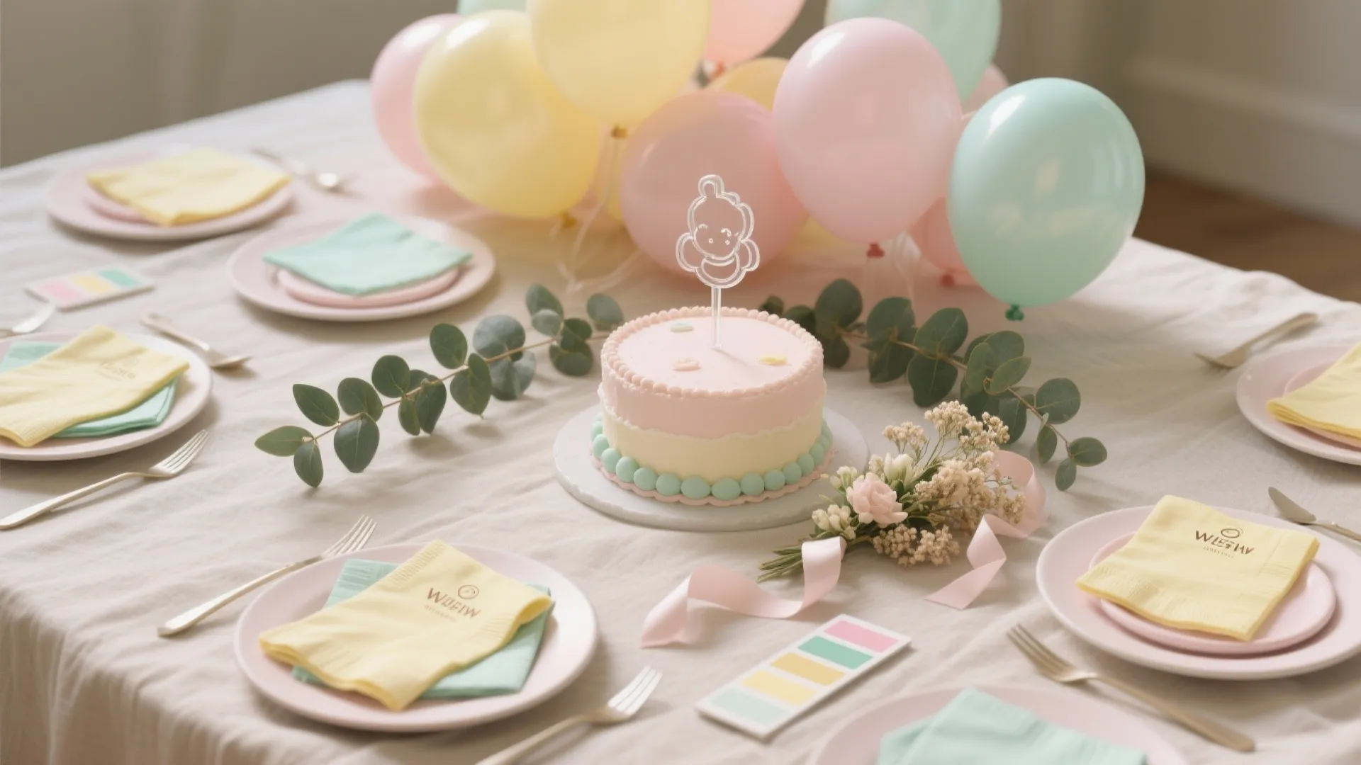 Table setting with a small pink cake colorful balloons plates napkins and green plant leaves