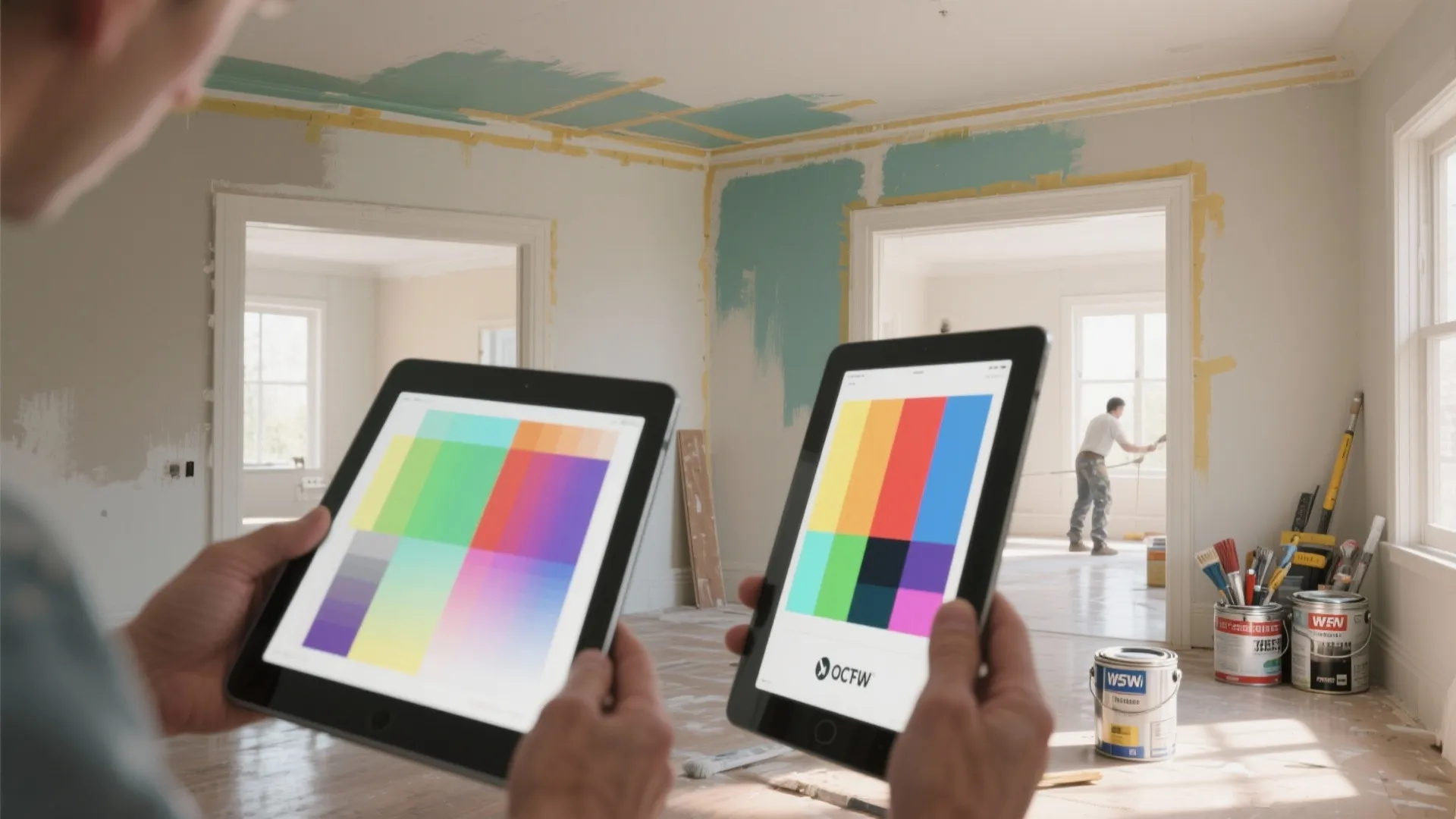 Two connected rooms being painted together with a painter consulting a tablet mockup and grouped tools for an efficient workflow.