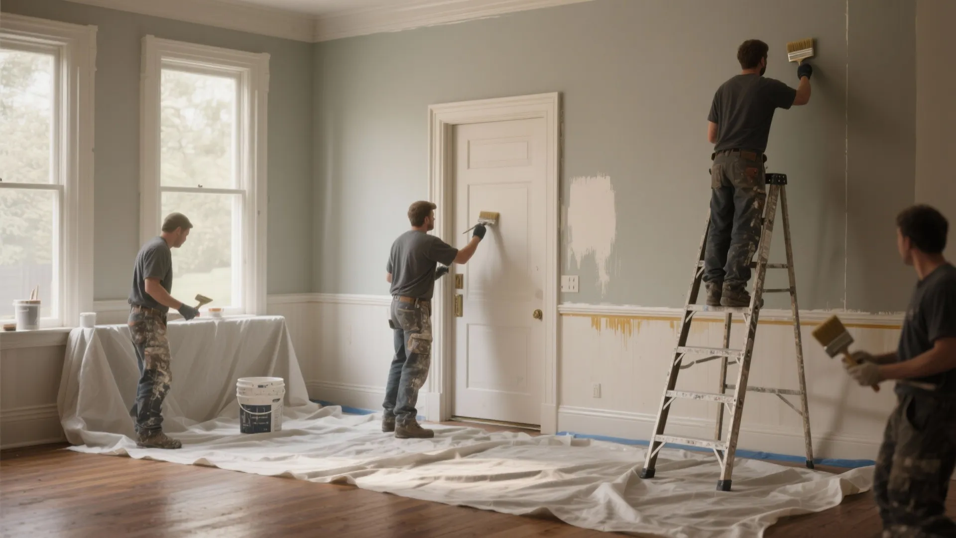 Painter working on baseboards, door, and window trim in one coordinated visit to show bundled tasks.