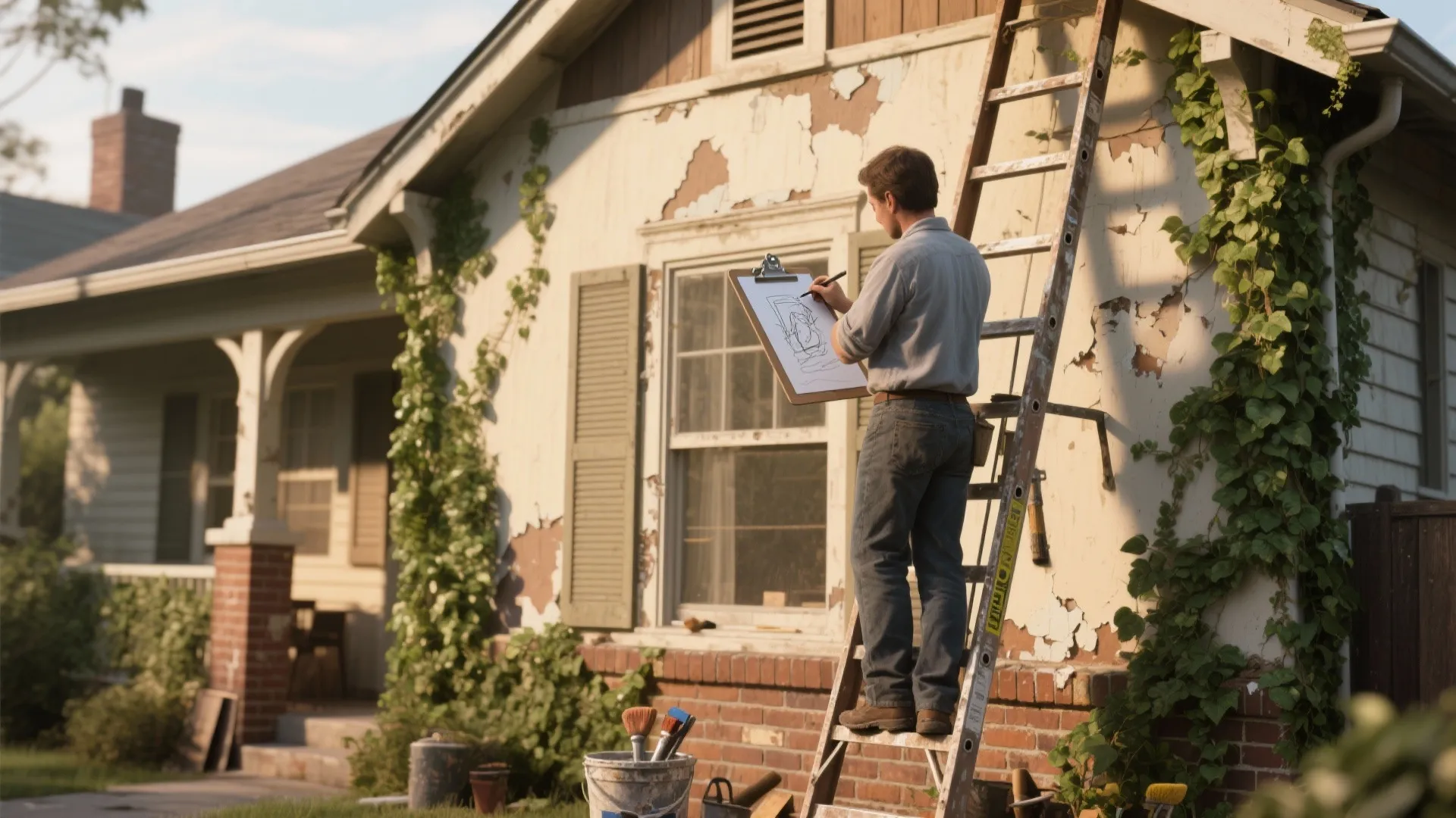 Man standing on a ladder and drawing on a clipboard outside of a suburban house